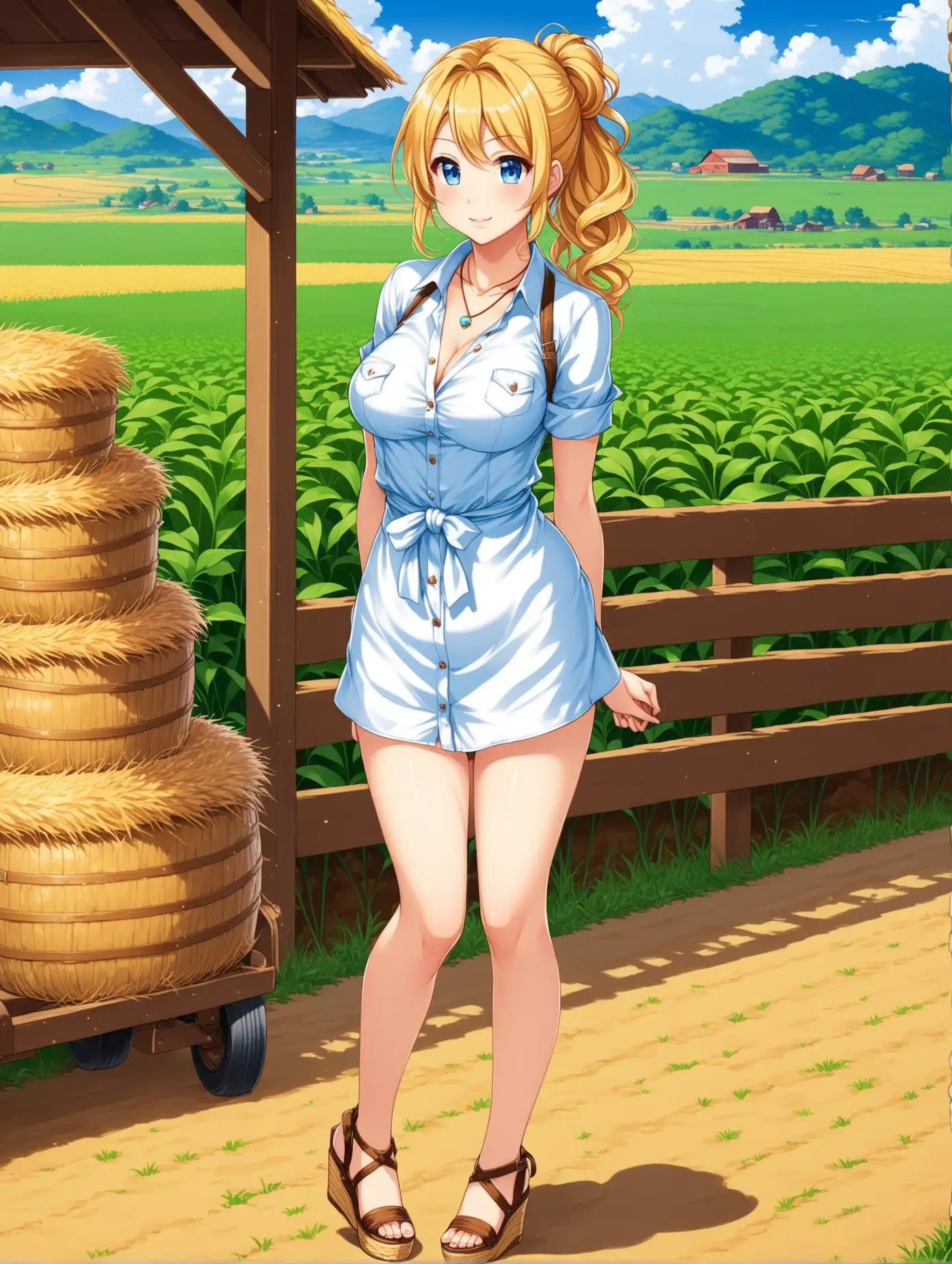 Image of bust part of a sensual anime girl, age 20, short height, breasts size DD, large hips, wavy hair, blonde, mid length hair, tied hair, blue eyes, short dress, high heels wedges sandals, necklace, farmer outfit