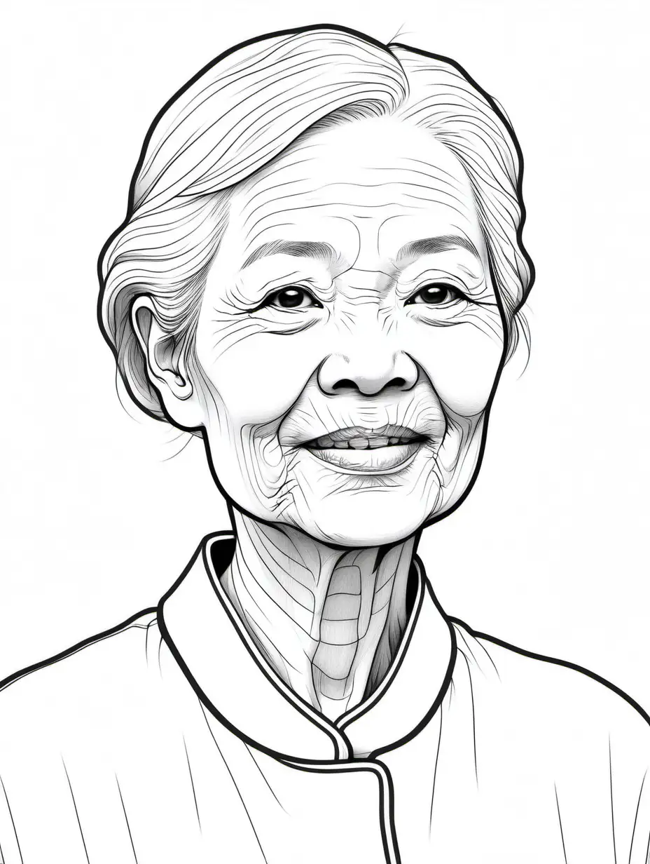 Adult coloring book page. Black and white. White background. Single Line Drawing. Thin lines. Slight elderly Chinese woman. Slight smile. Looking humble but accomplished.