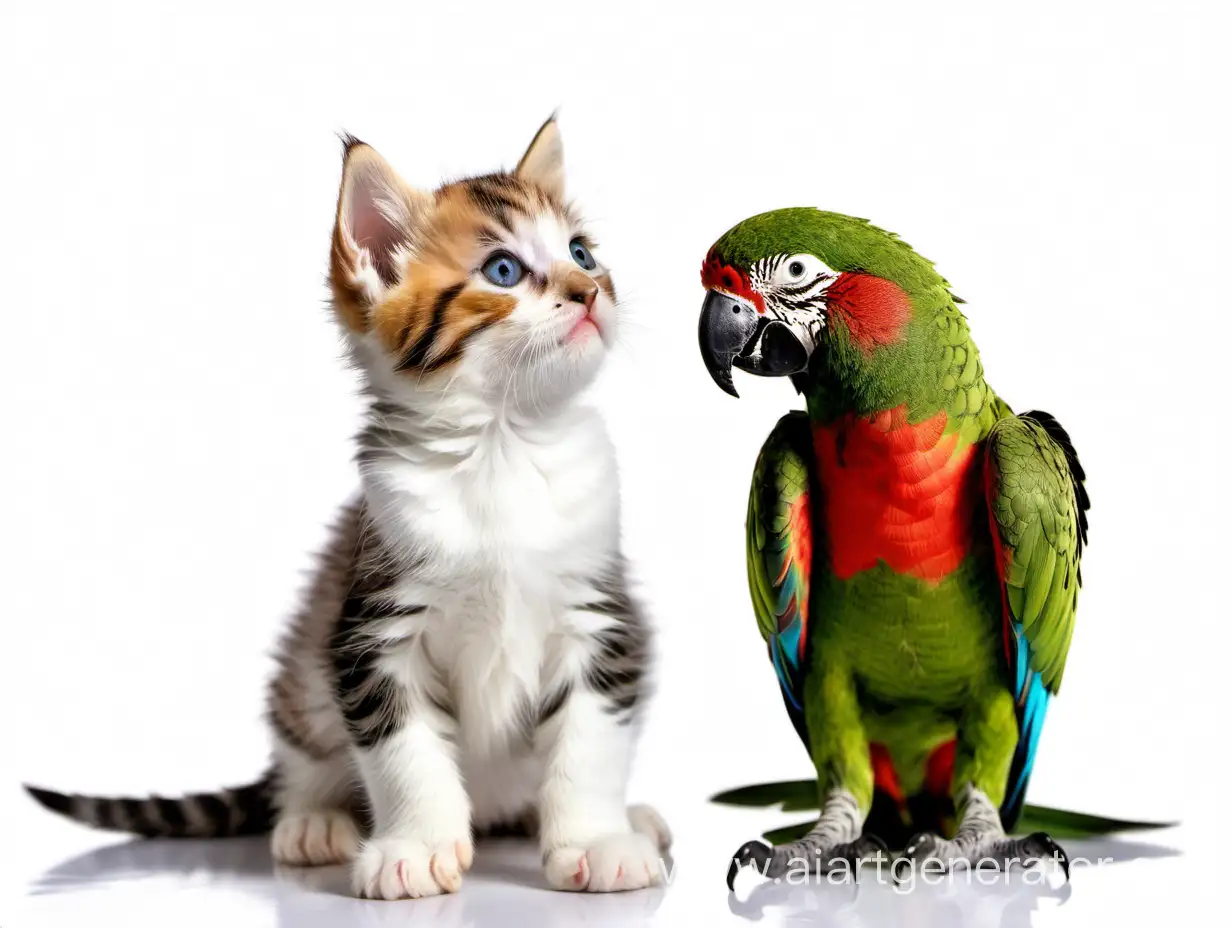 The kitten looks at the parrot. White background
