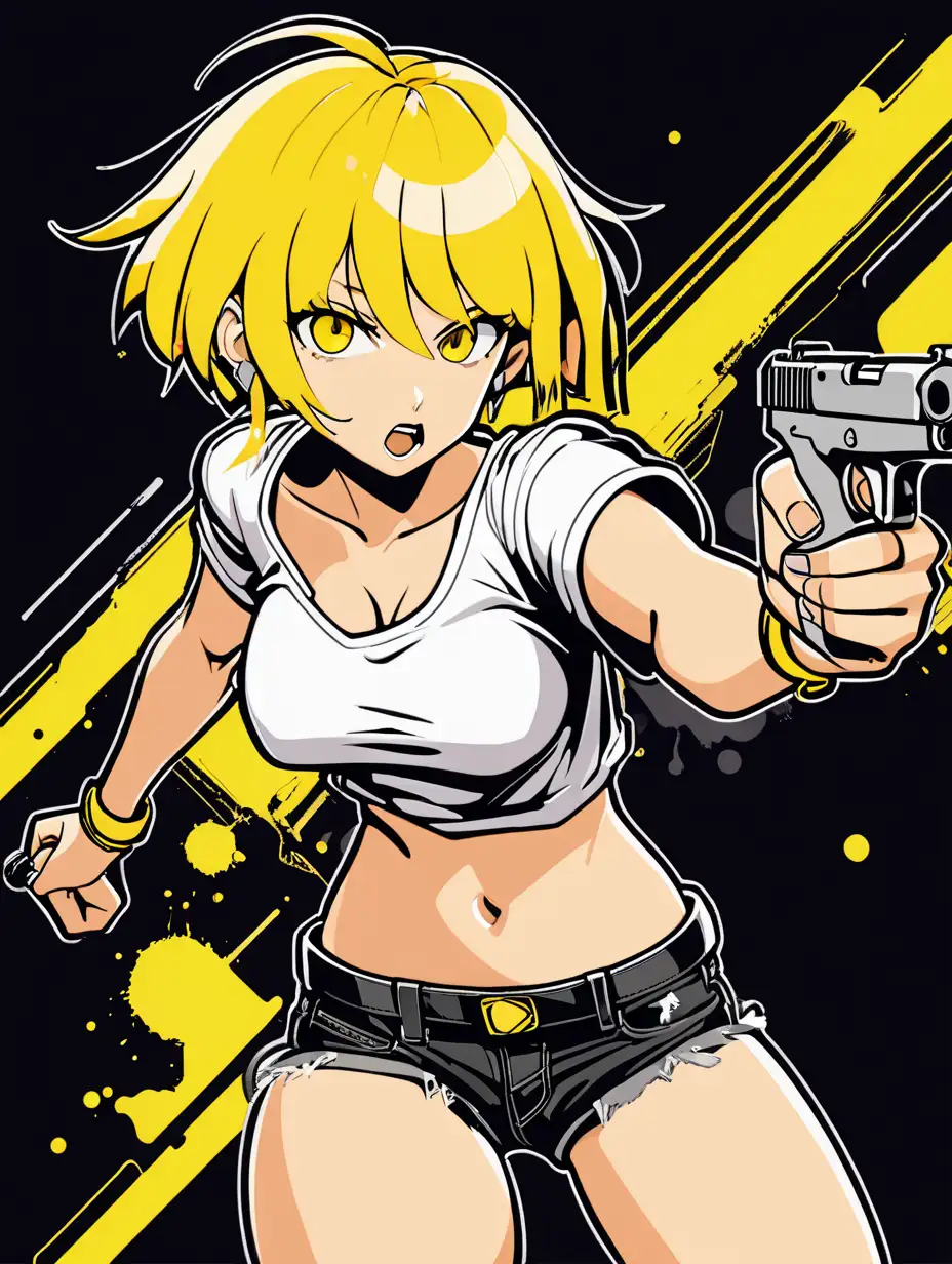 Bold Anime Heroine with Short Yellow Hair and Handgun in Minimal Design