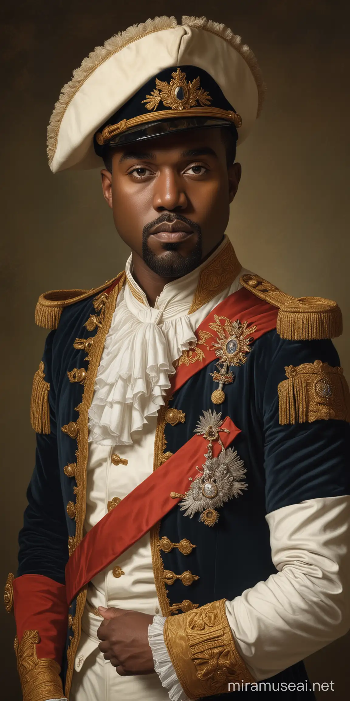 Renaissance style portrait of Kanye West, dressed in Napoleon Bonaparte's uniform and hat, dignified expression