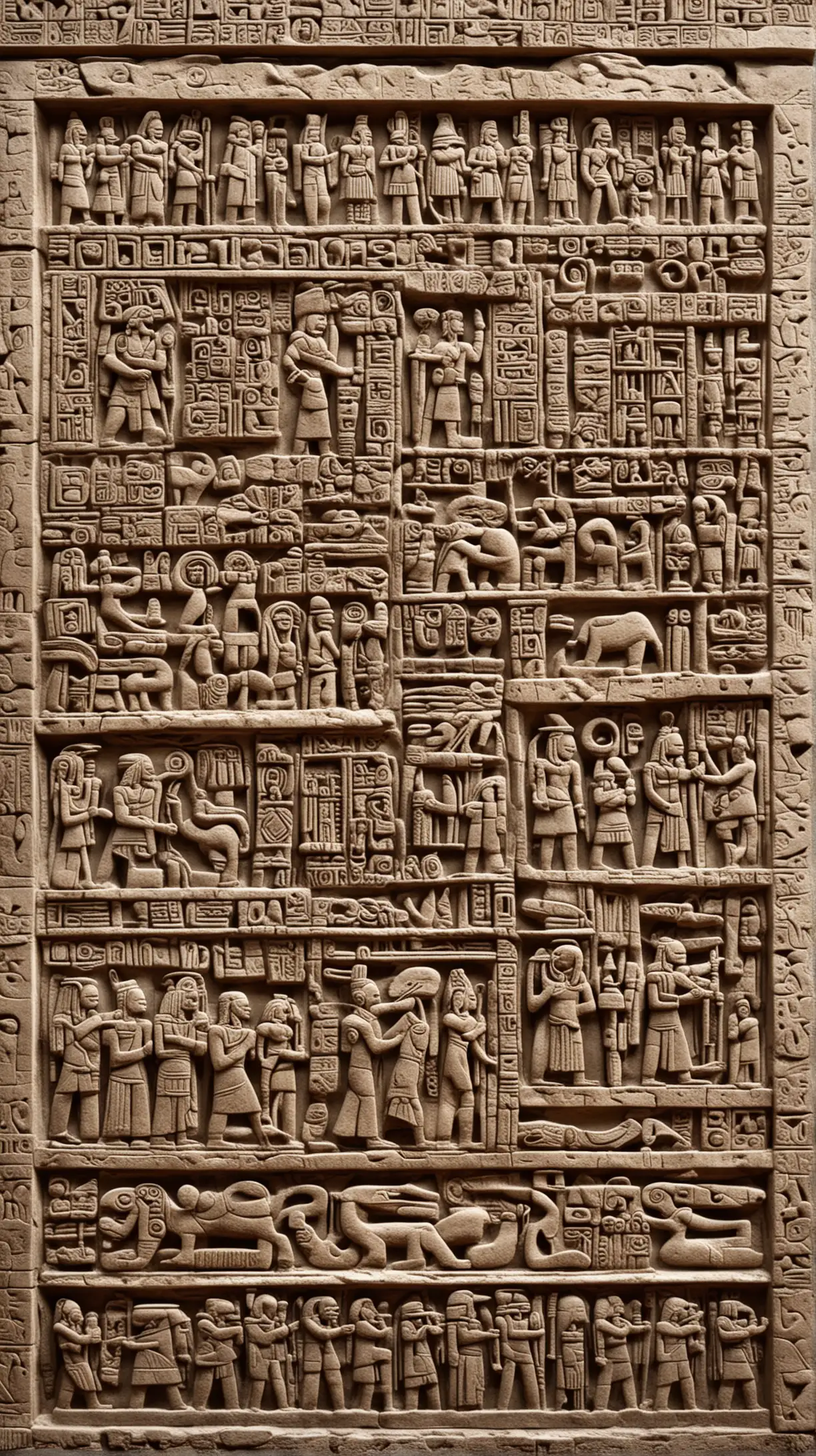 A close-up of intricately carved Maya glyphs and hieroglyphs, etched into the weathered surface of a stone stela. Hyper realistic
