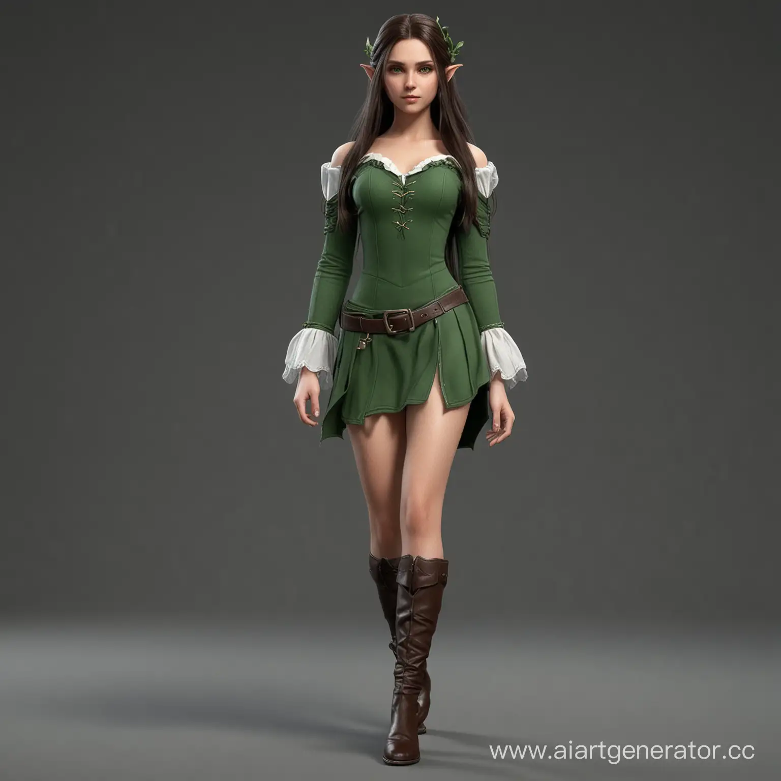 Realistic-Elf-Woman-with-Long-Dark-Hair-and-Green-Eyes-Standing-in-Fullbody-View