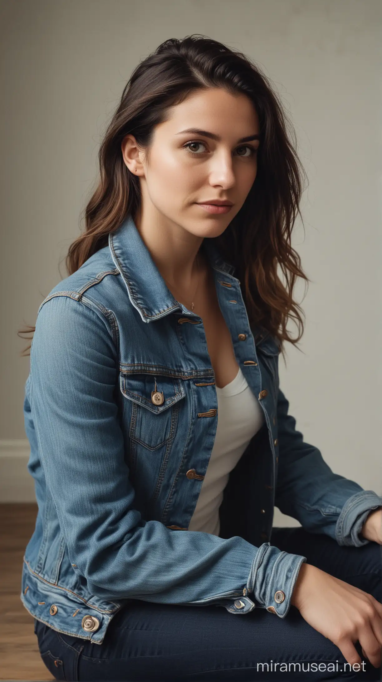 Fotografi sinematik, Seorang perempuan usia 30 tahun memakai jaket jeans dan celana jeans sedang duduk dengan elegan.