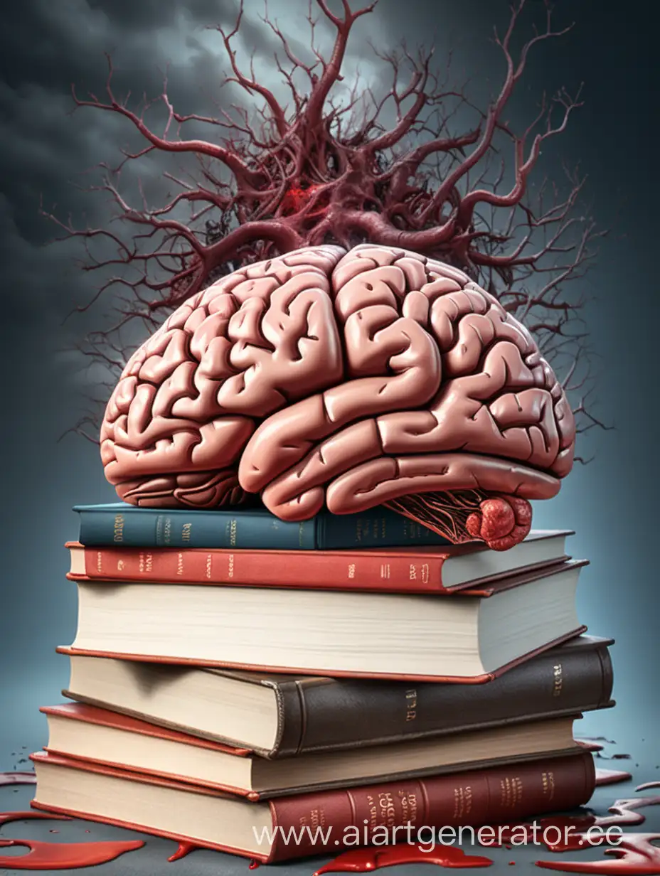 Человеческий мозг в крови лежит на стопке книг на фоне хаоса
