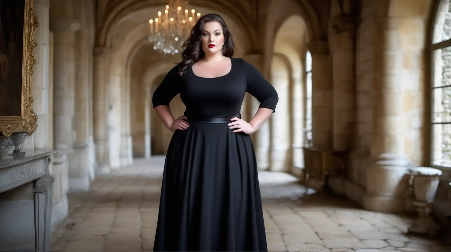 beautiful, sensual, classy elegant plus size model wearing a round scoop neck black dress with a slightly flared skirt that ends just below the ankles, slightly flared long skirt, skirt is made from the same black fabric as top, fitted black bodice, deep and wide scoop neck  bodice, 3/4 fitted sleeves, empire defined waistline with a waistband tonal to the dress, hair is flowing, luxury photoshoot inside a magical winter castle in France, winter decorations inside the rooms in the castle, antique background