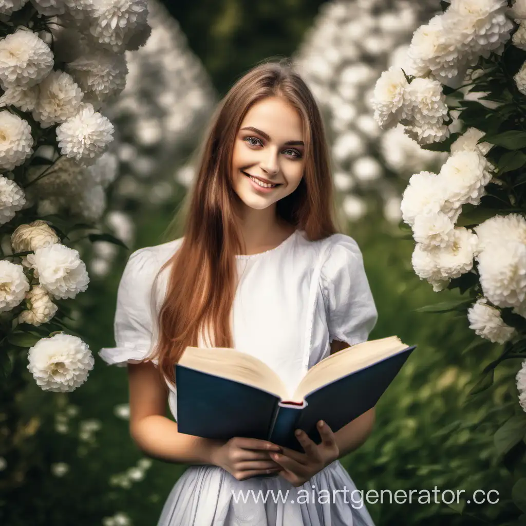 красивая европейская девушка, улыбка, в руках открытая книга, на заднем фоне цветущий сад