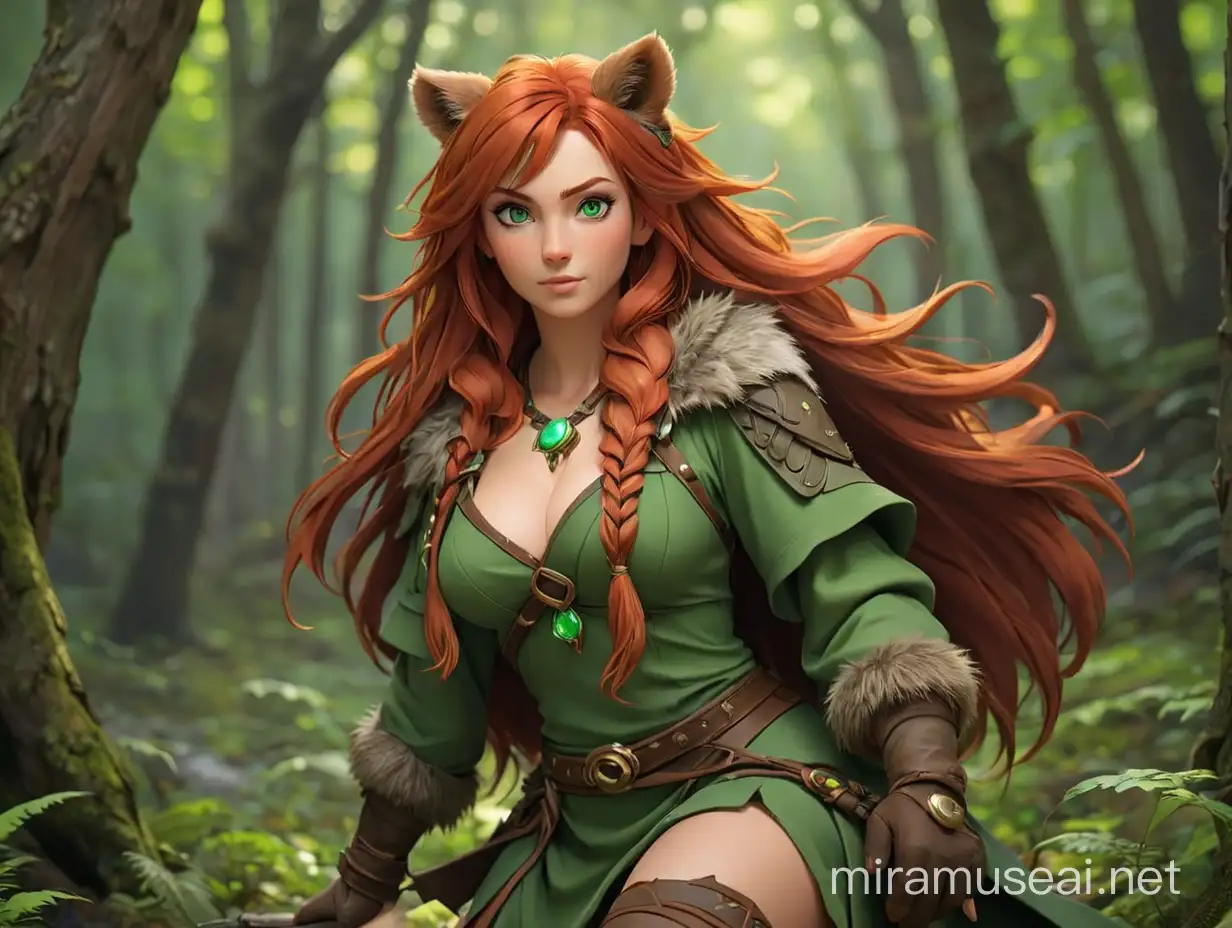 Single, Full body, Female druid, busty. red hair, green eyes, with bear ears. bear tail