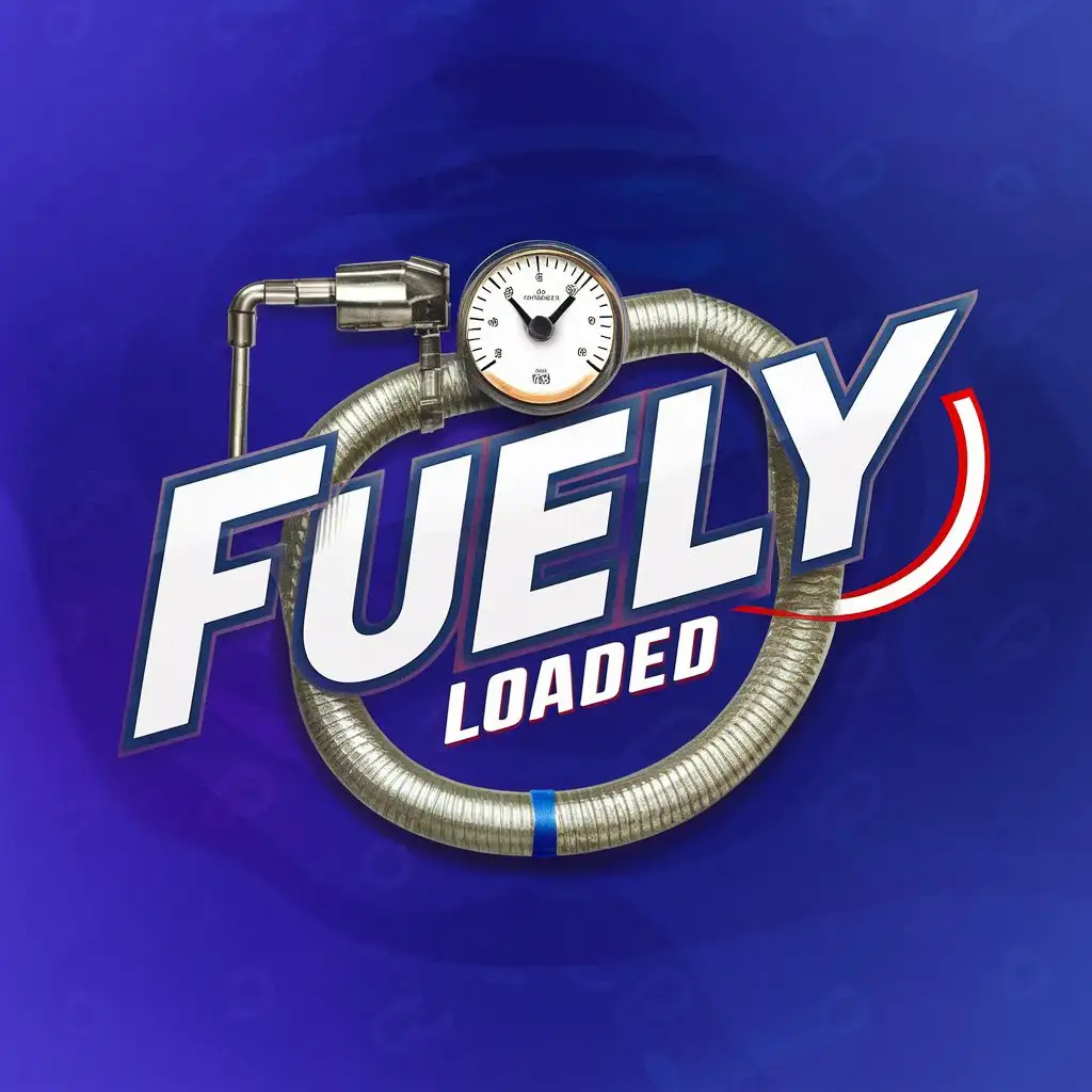logo, Hose spelling Fuely 
Fuel Pump Nozzle
gauge

blue
, with the text ""Fuely Loaded"", typography
