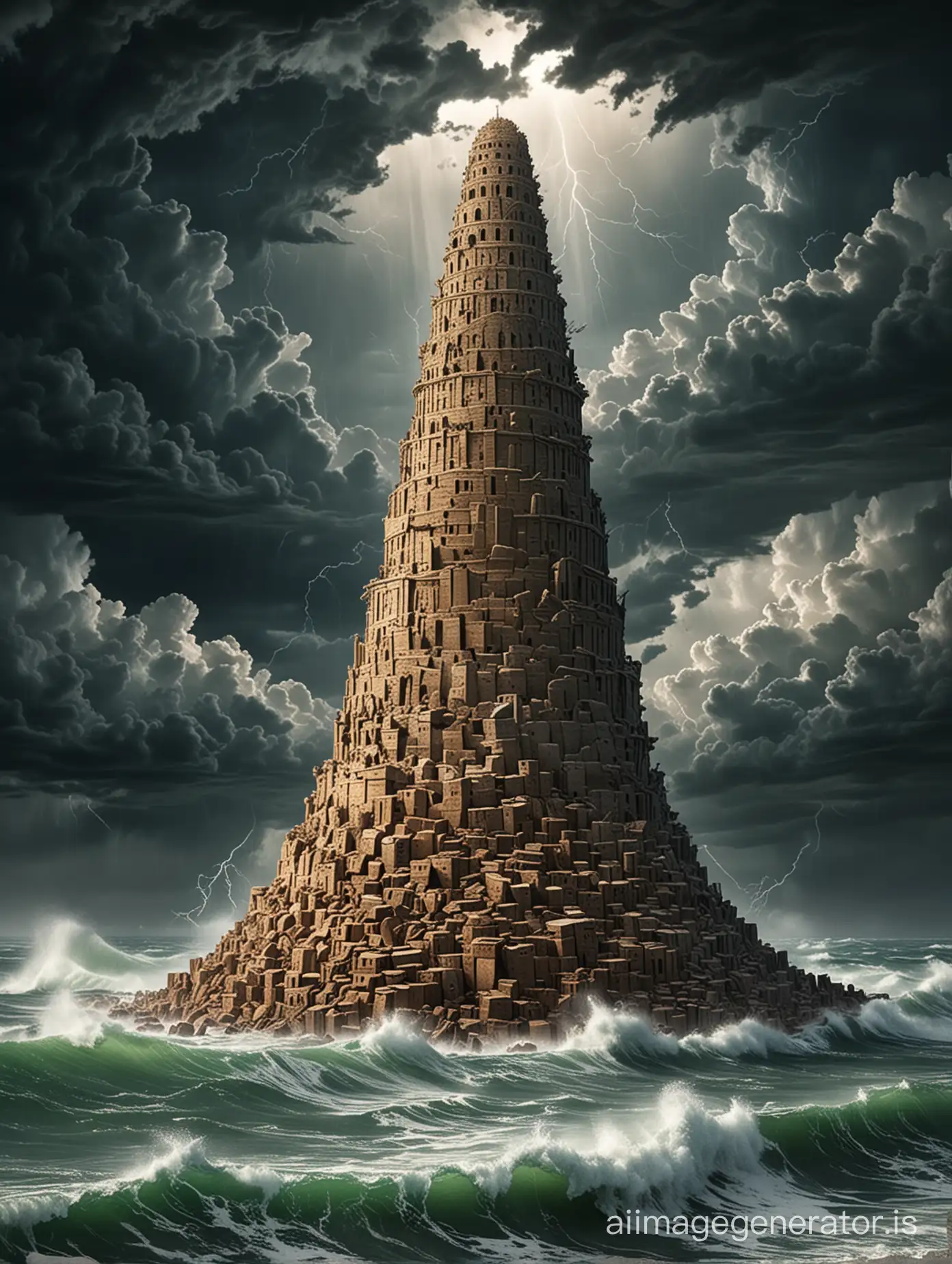 Huge biblical Tower of Babel made entirely of stone stands on the ocean where a storm rages, on the horizon a tornado is seen