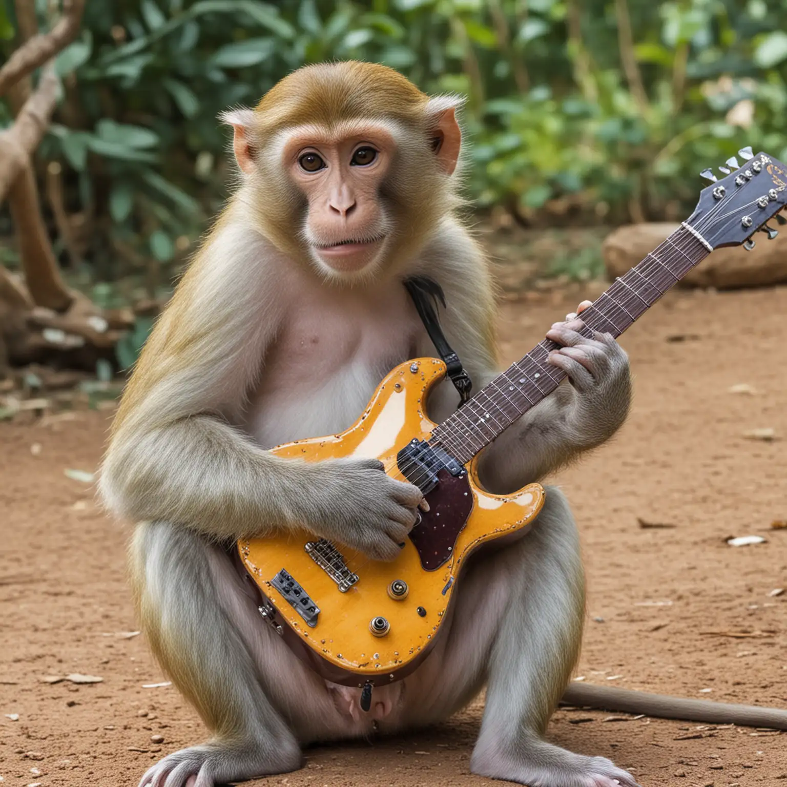 Playful Monkey Strumming Guitar in a Tropical Jungle