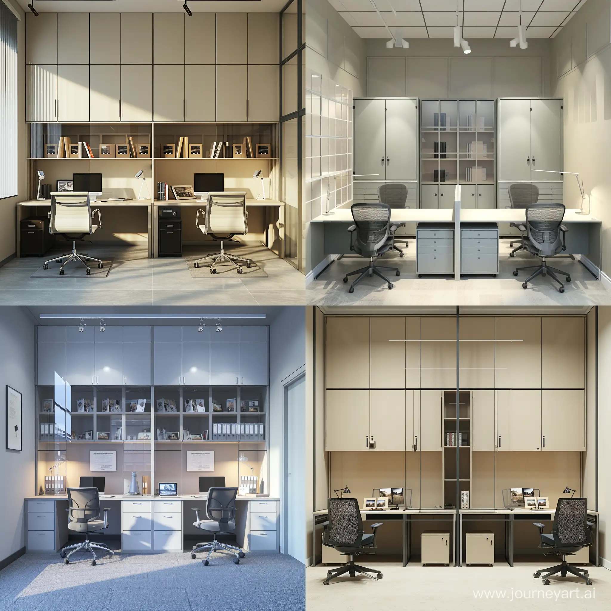 Designing an office space for a wedding photography studio with  two desks and two office chairs, separated by glass partitions to create a distinct workspace for each employee.  There will be cabinets for storing photo albums and stands for displaying albums, creating a small exhibition space within the area ,architectural render , high quality 