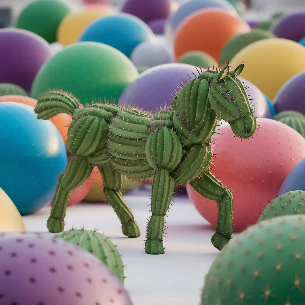Cactus Horse Figurine Walking Among Prickly Balls