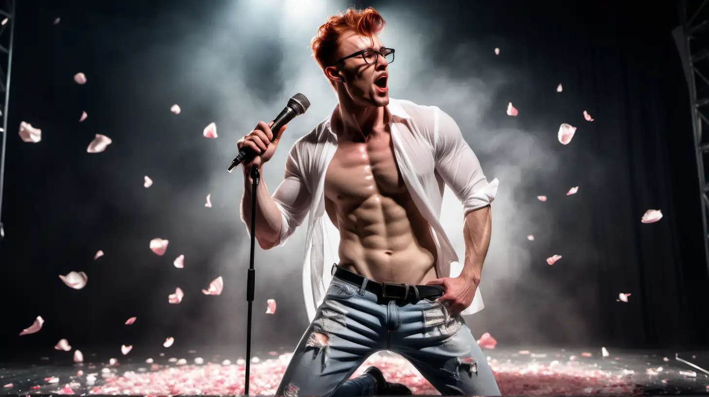 Handsome male rockstar singing careless whisper on stage short hair redhead glasses muscular torn open half transparent white shirt torn jeans very sweaty oiled up very wet show hairy chest show abs show legs full body shot mic stand rose petals falling 
