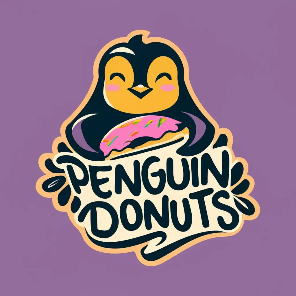 logo, Penguin with a donut featuring inspiration from Vietnam and Long Beach, California, with the text "Penguin Donuts", typography, be used in Donut Restaurant industry