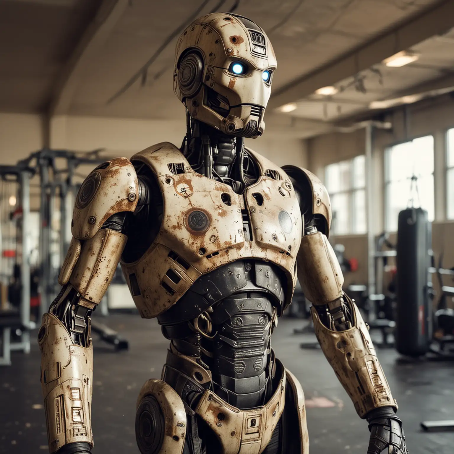A fitness instructor droid in the gym, scuffed and worn after his boxing career ended