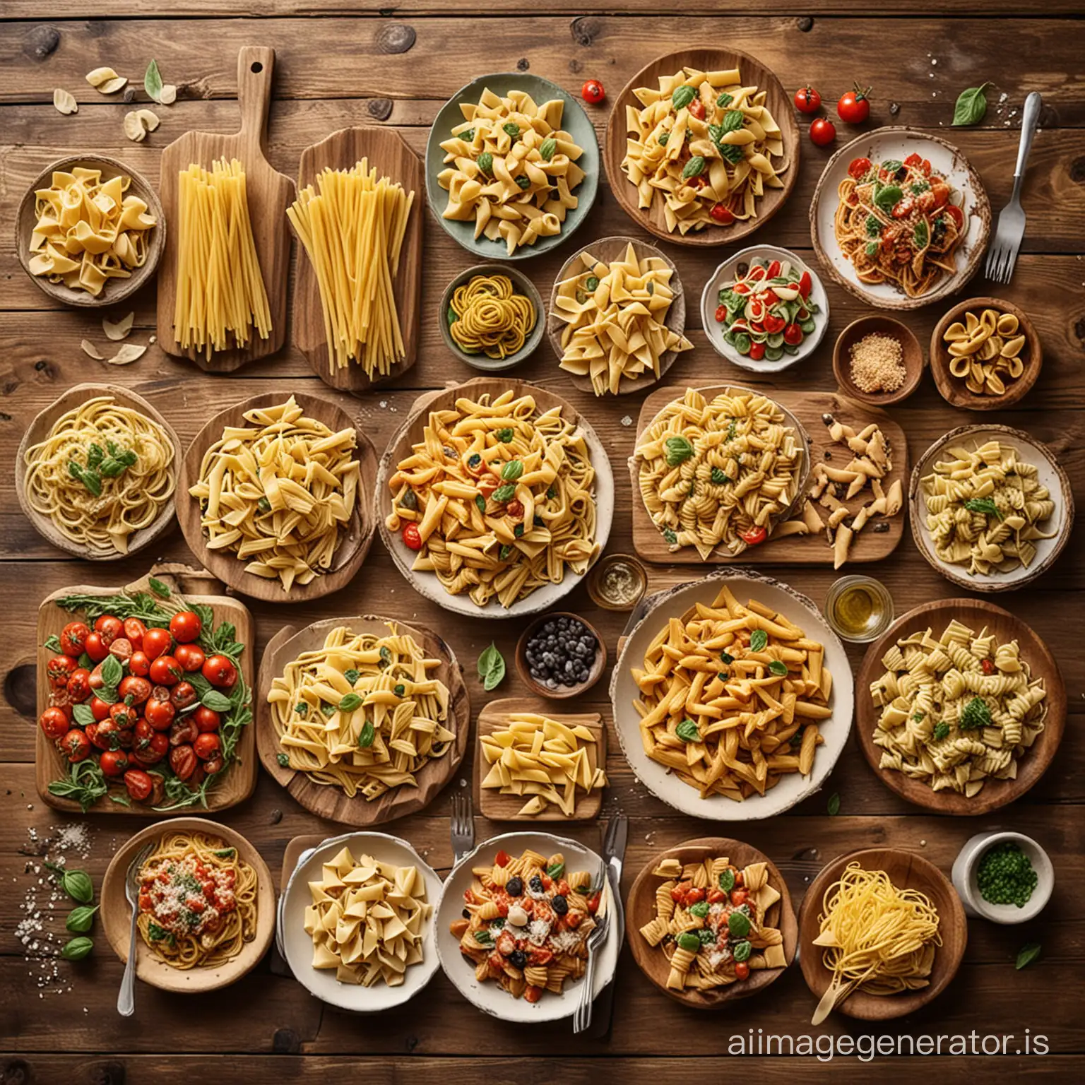 show 10 types of pasta in the woody table with cool and cozy atmosphere