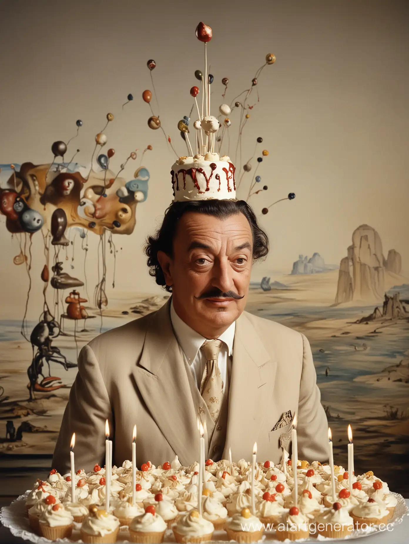 Художник Сальвадор Дали с колпаком на голове, шарами за спиной на фоне своих картин и с тортом в сто двадцать свечей и