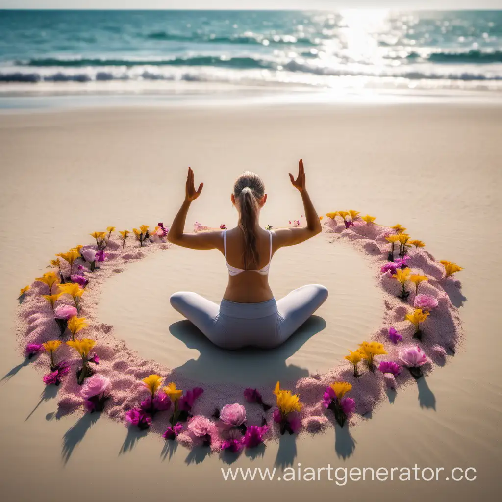 Девушка в позе из йоги на берегу моря, вокруг нее цветы вставленные в песок по одной штуке