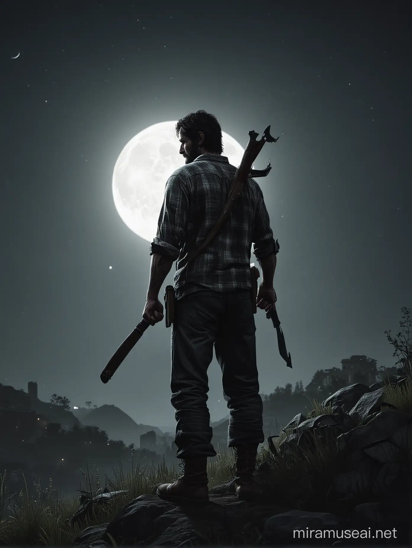 the last of us, view from the back of a frightning man holding a machete standing on the top of a hill, shirt and lungi, moon light night, using Cinema 4D