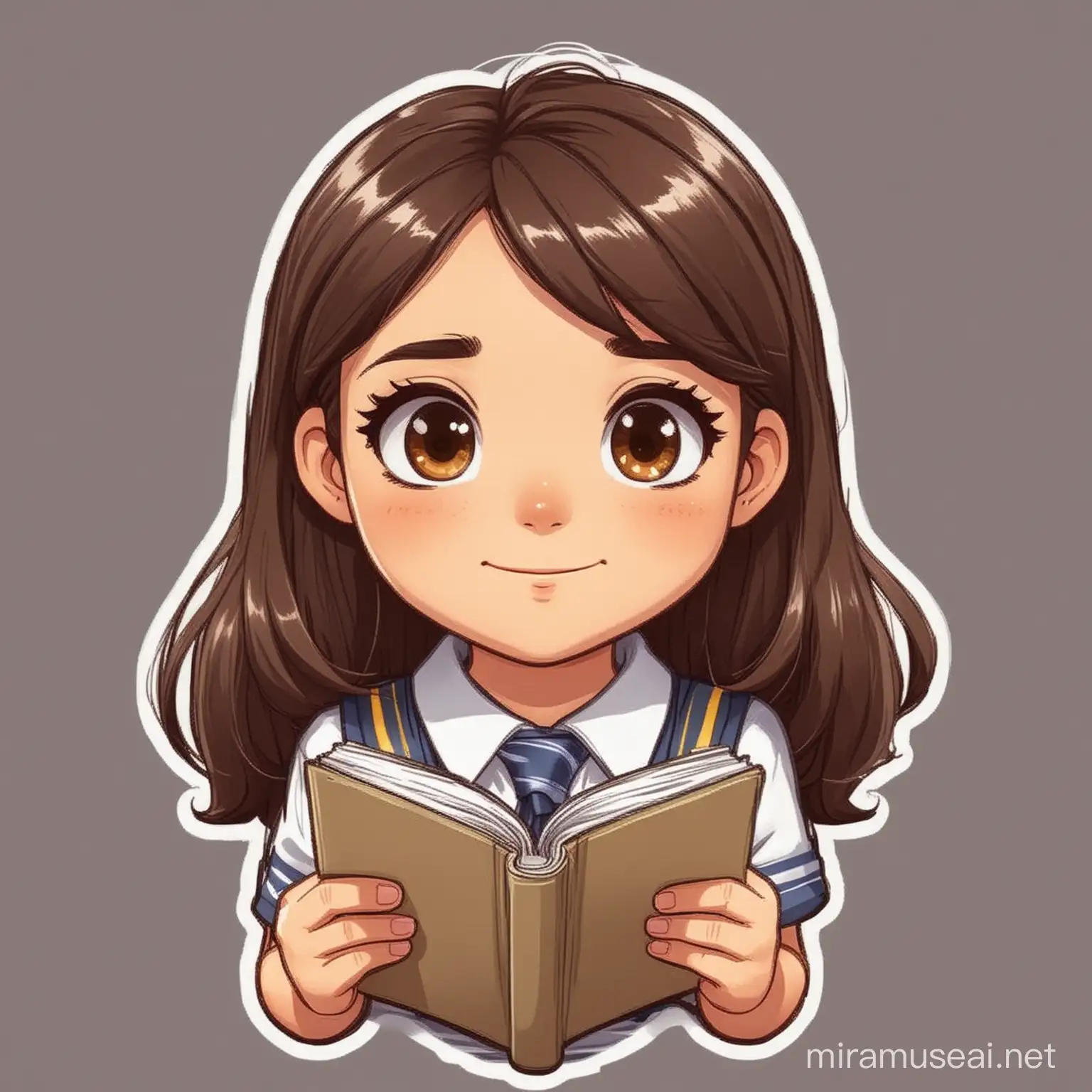 girl, wearing school uniform, reading, cartoon sticker style, high level detail, dark brown colored hair