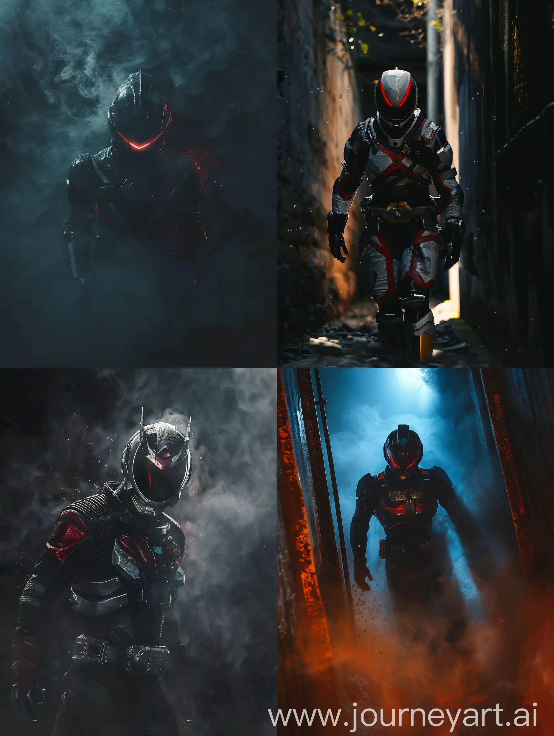 Kamen rider coming out from the darkness, Photo-realistic, --v 6