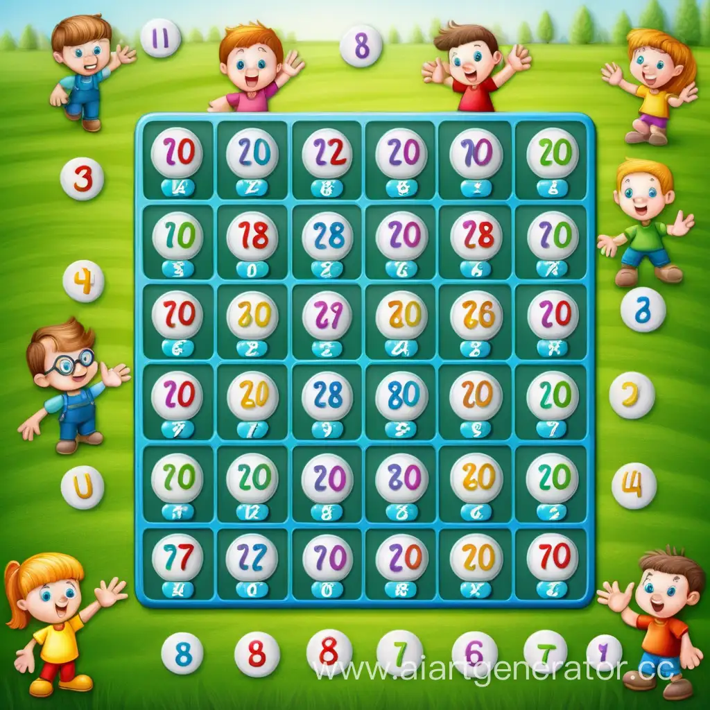 icon for a game called "multiplication table", realistic, numbers, colored, classic, for children, children's faces, hands with numbers, an empty green field in the middle