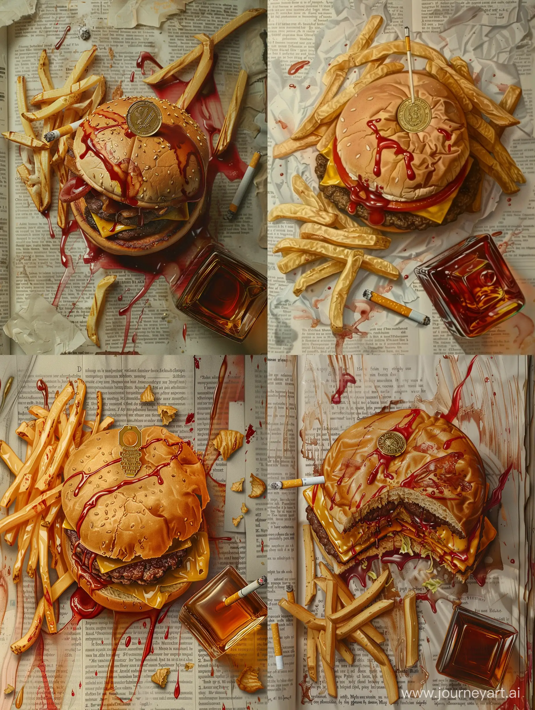 big fat burger with a half bitten medal on top, fries on a side. ketchup and mustard stains, cigarette butts lying around, big square glass of bourbon nearby, everything is standing on pages of manuscipt, view from above, no background, ralph steadman style