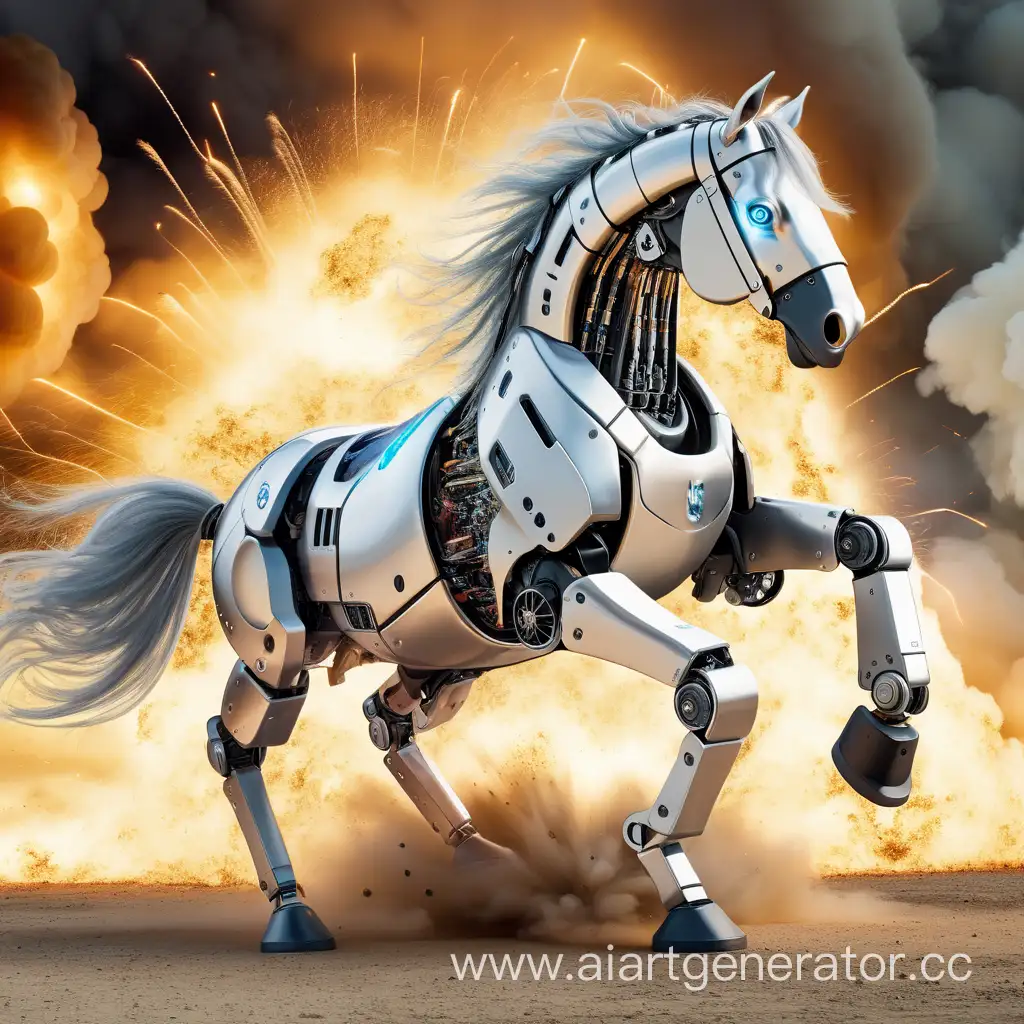 Futuristic-Robotized-Mustang-Horse-amidst-Explosions