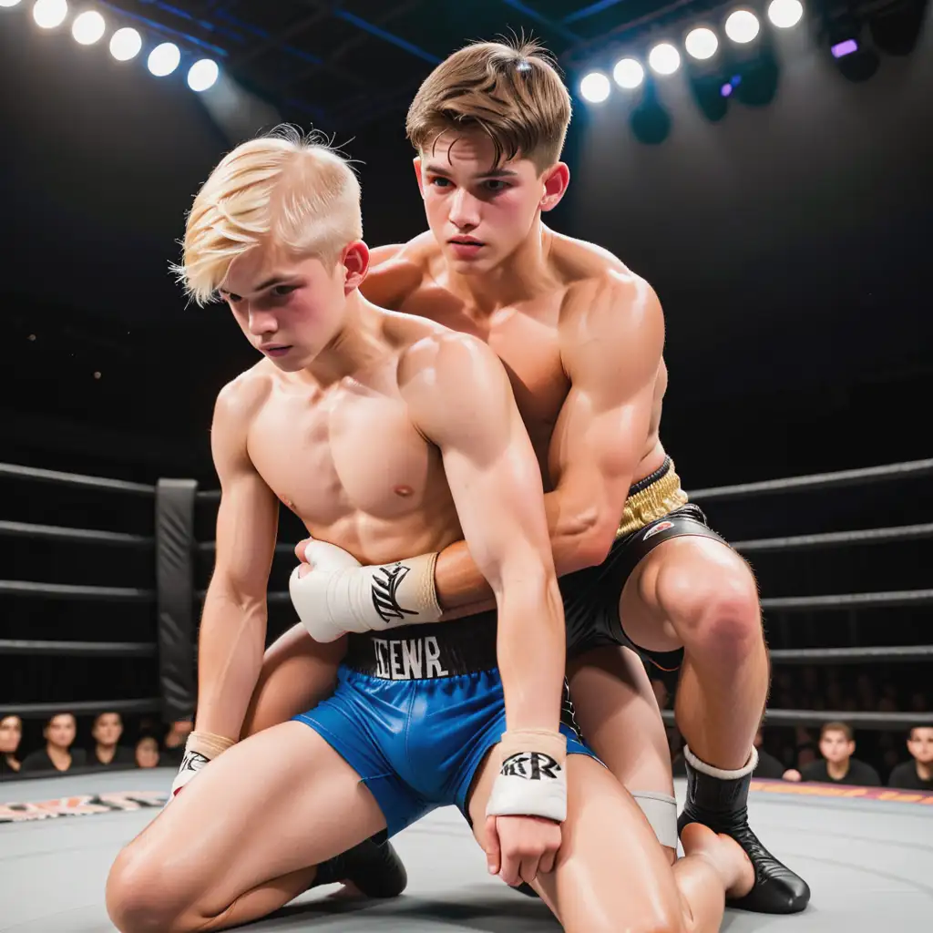 brunette teen boy fighting with a blonde  teen boy in a ring on his back with legs wrapped around torso choke hold