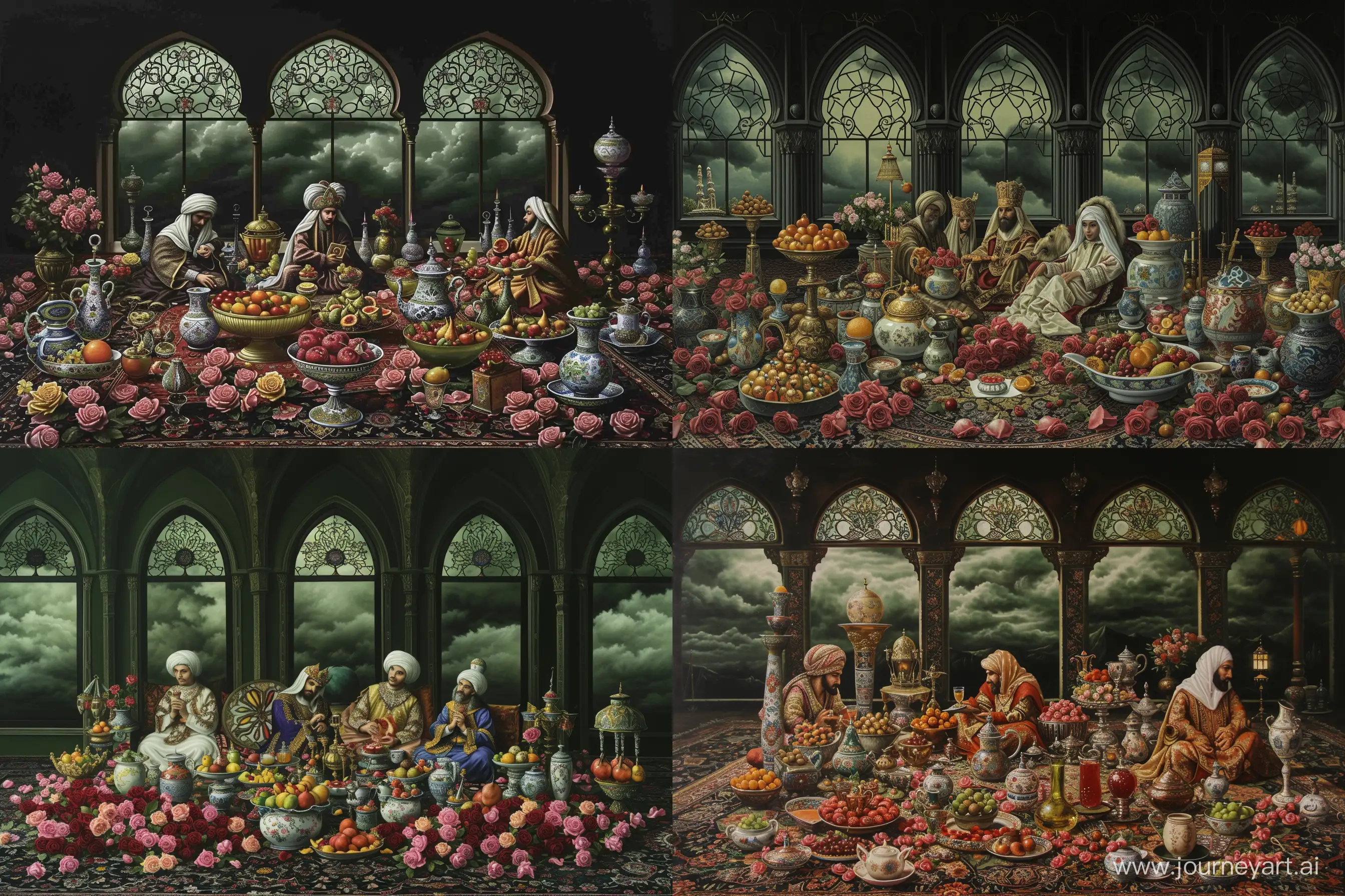 Medieval-European-Princes-in-Opulent-Arabian-Setting-with-Iznik-Ceramics-and-Rose-Flowers