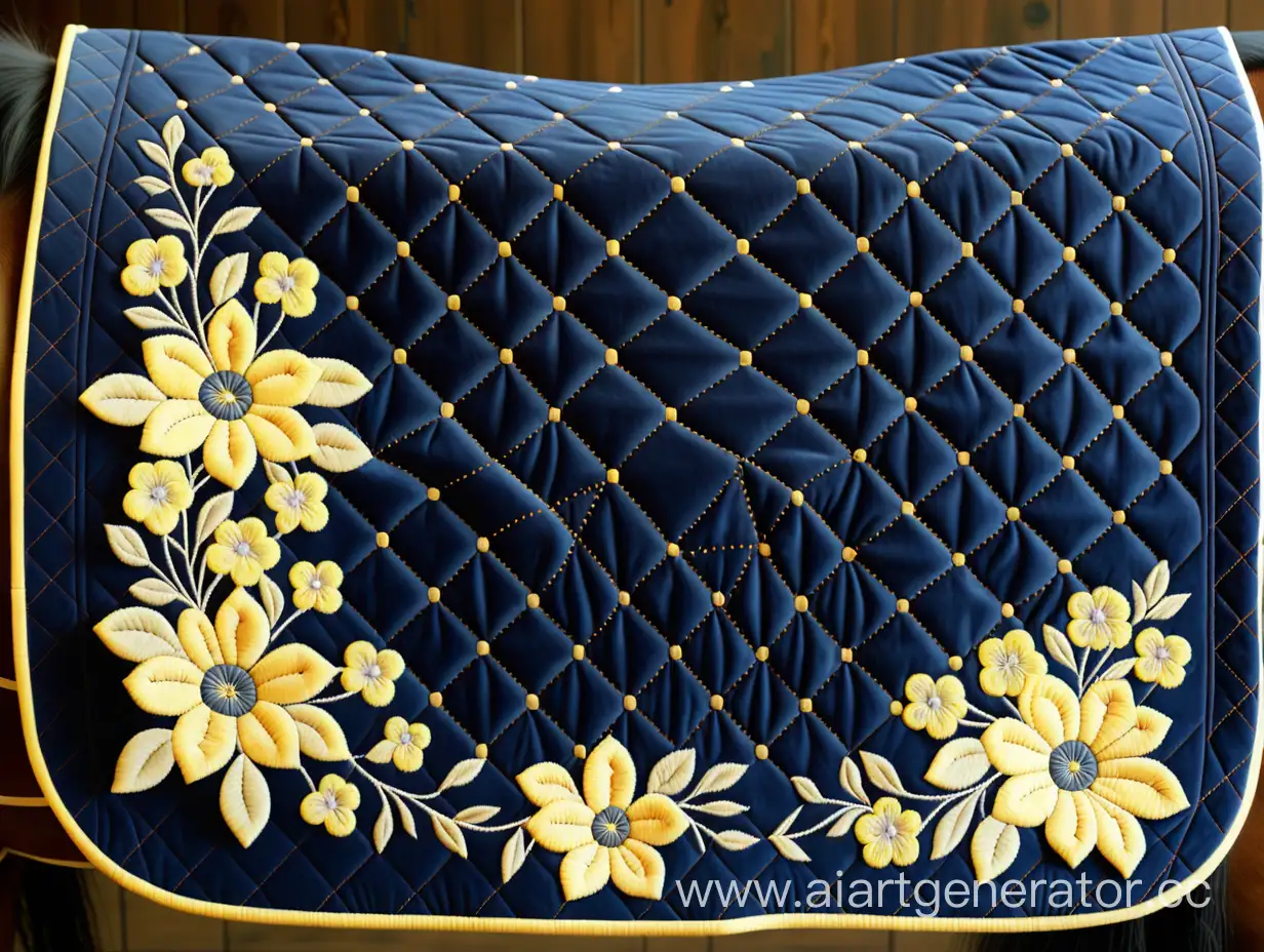 Elegant-Dark-Blue-Velvet-Quilted-Saddlecloth-with-Pastel-Yellow-Floral-Embroidery