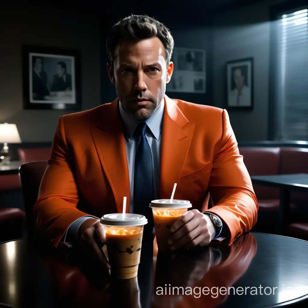 Ultra realistic Ben Affleck in an orange suit, drinking iced coffee, sitting at a table, with an empty chair, pondering, dark room