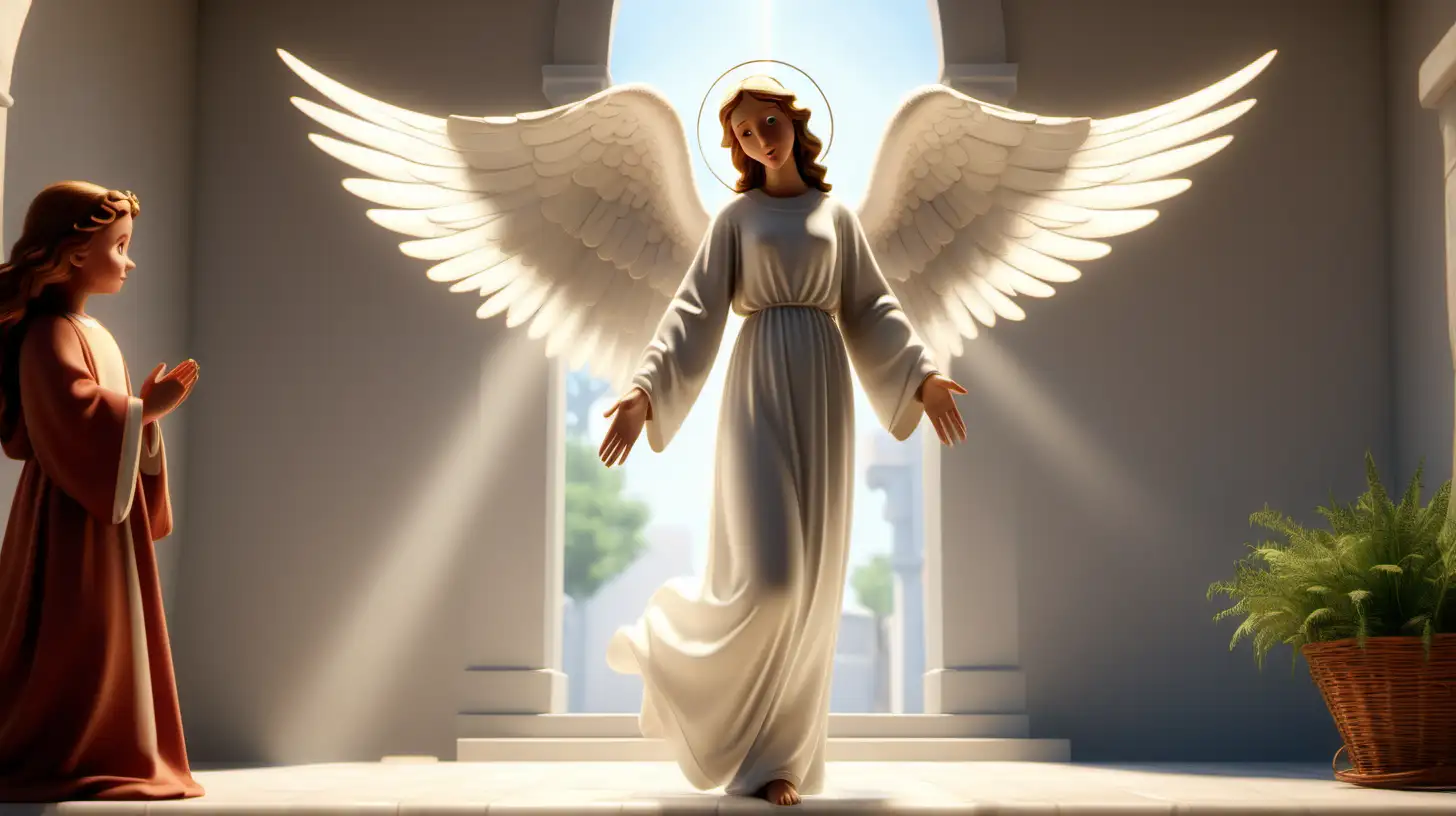 Illustrate the appearance of the angel Gabriel appearing before Mary in a bright and sunny setting, assuring her with a soothing voice., hyper-realistic,8k,ultra HD,pixar style,disney style,cinema 4d,--ar 3:2