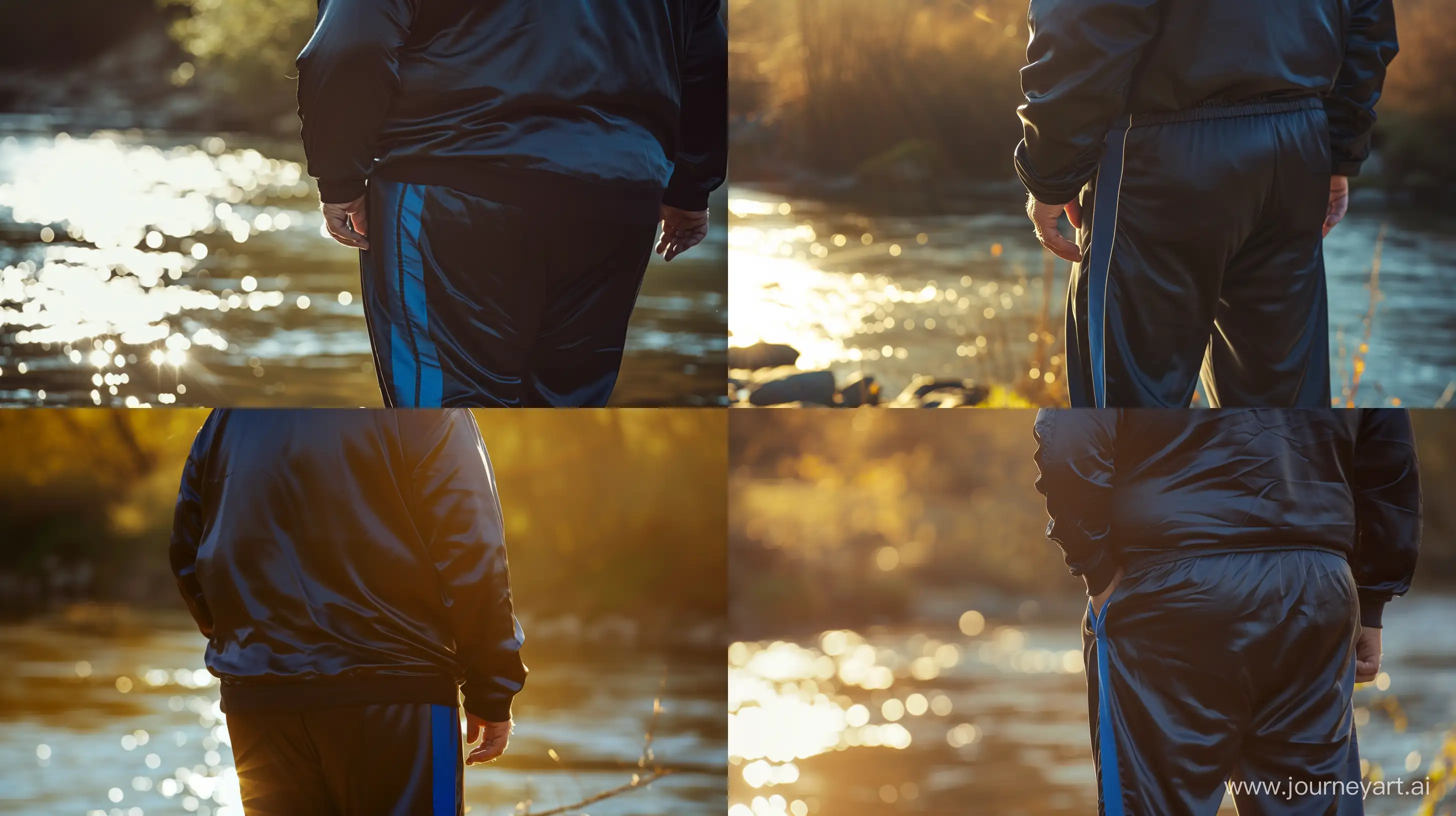 Back view close-up photo of a fat man aged 60 wearing a silk navy tracksuit with royal blue strip on the leg. Sunlight shining on his back. River. --style raw --ar 16:9