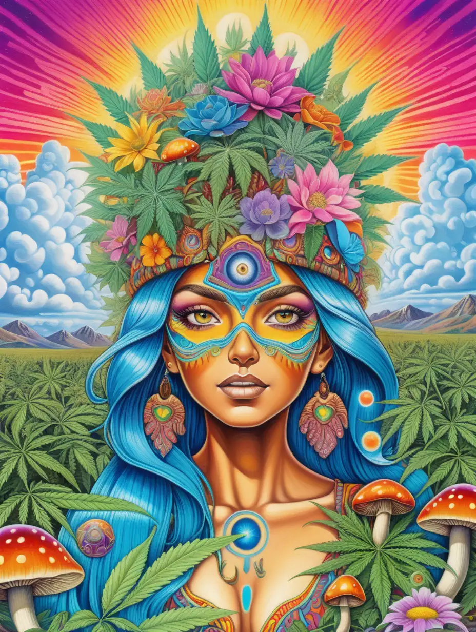 Exotic Woman with Psychedelic Cannabis Field and Magic Mushrooms