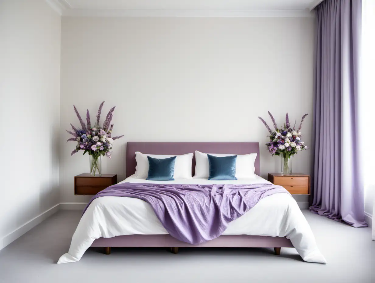 Commercial Photography, mordenist style bedroom interior with white wall, flower and cream bed, light purple and a little bit blue curtain