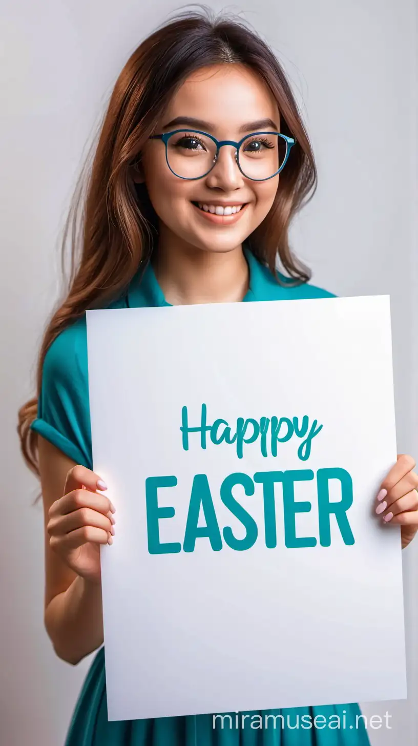 Holding a white banner with Happy  easter 2024  wishes a lady wearing glasses dark blue