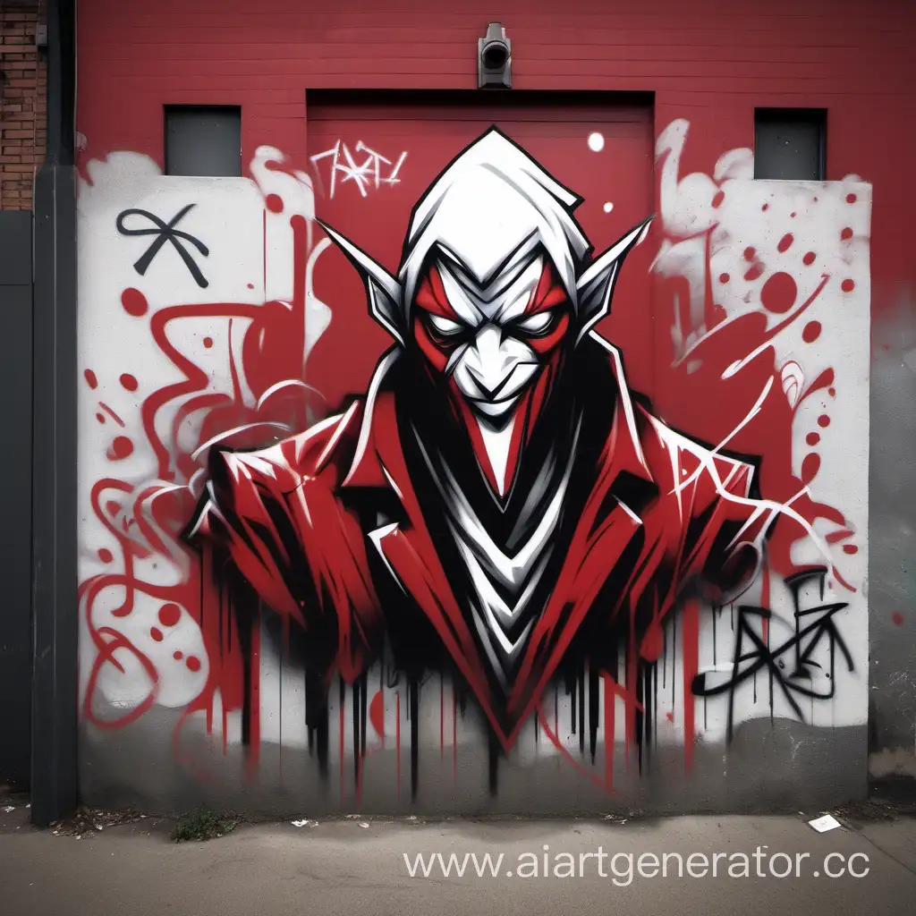Аркана дурак, виде граффити состоящий из красного, белого и черного.