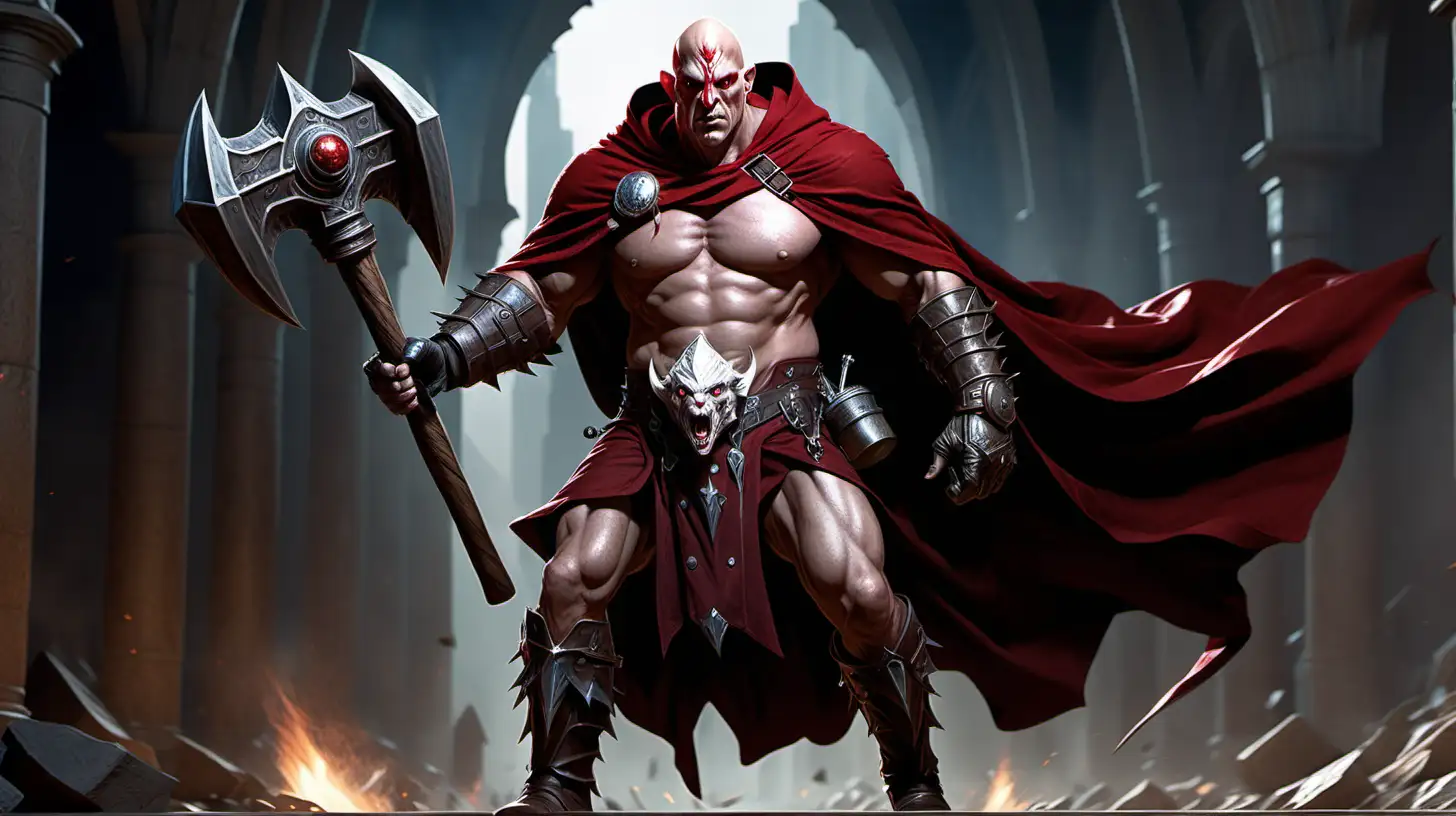 A goliath in the world of Dungeons and Dragons, wearing a deep red cloak, carrying a  single large and long hammer weapon, with a hard look on his face, HD, photorealistic, very tall, strong build, no armor, deep blue eyes, bald head, white skin, bulging arms, military boots, spikes on his gauntlets