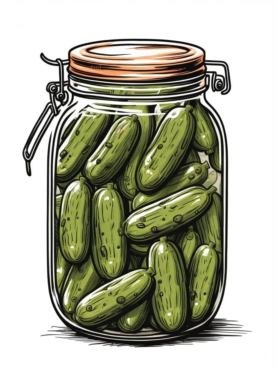 image of pickle jar with lid on, glass jar full of pickles, logo style hand drawn
