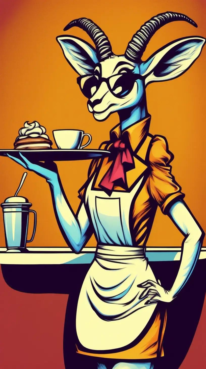 Retro 70s inspired art style of a anthropomorphic gazelle with glasses dressed as a waitress taking an order