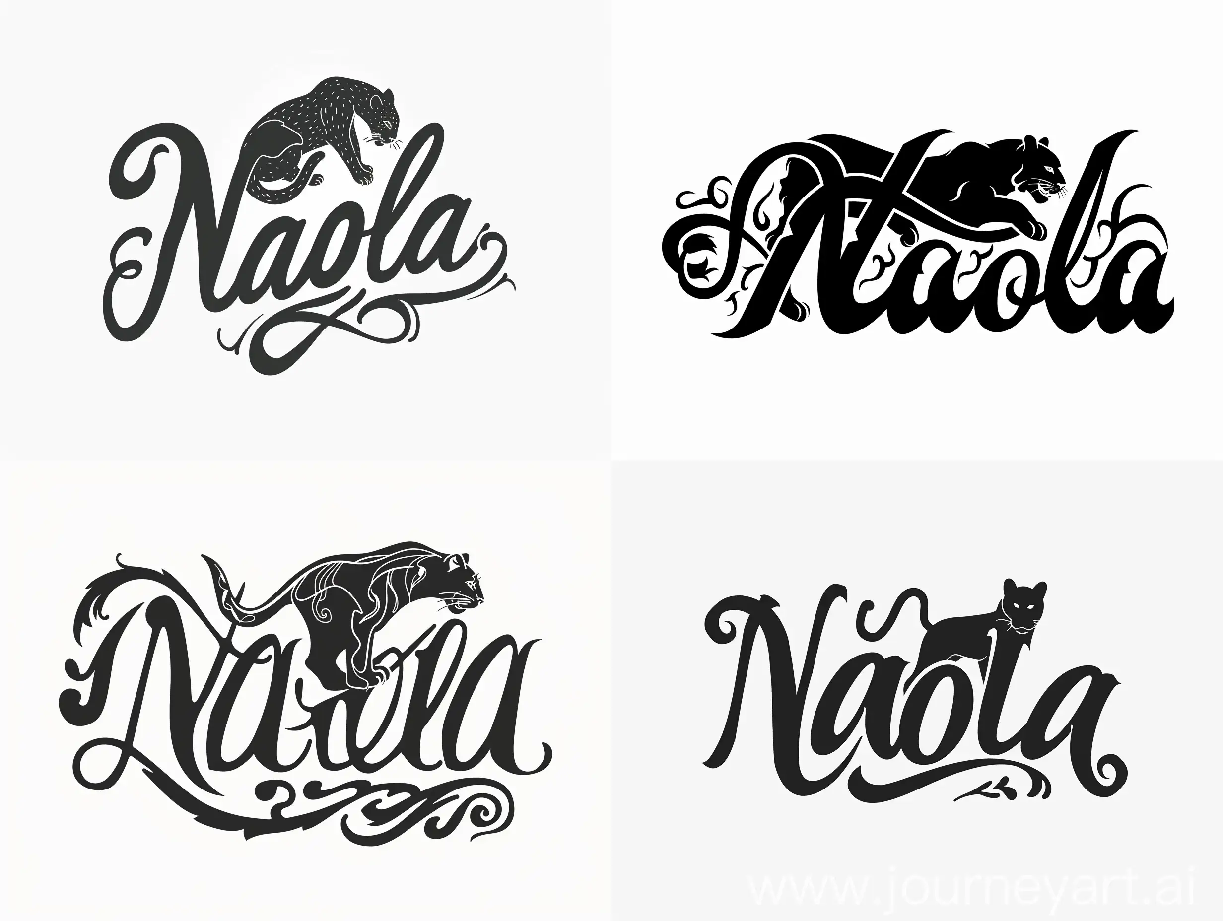 The logo is a calligraphic lettering with the inscription "Naola" and a silhouette of a panther. minimalistic logo design. 8k. Black and white colours. neat lines