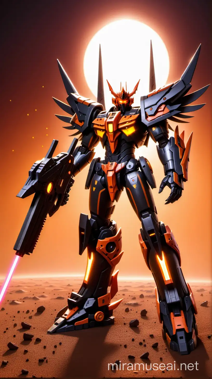 Predaking Warrior with Laser Gun and Sword Exploiting Mars Landscape