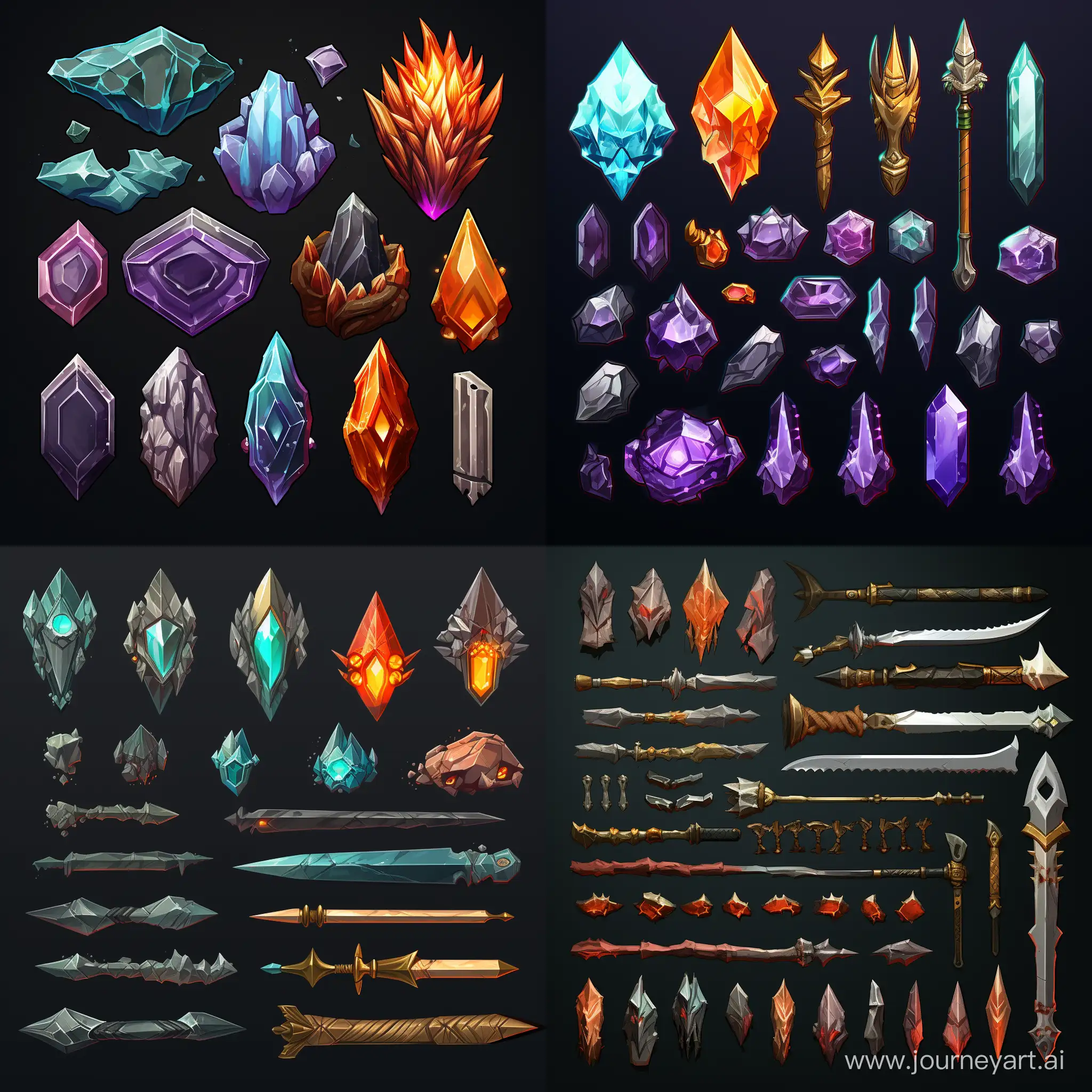 item spritesheet, crystals tools weapons