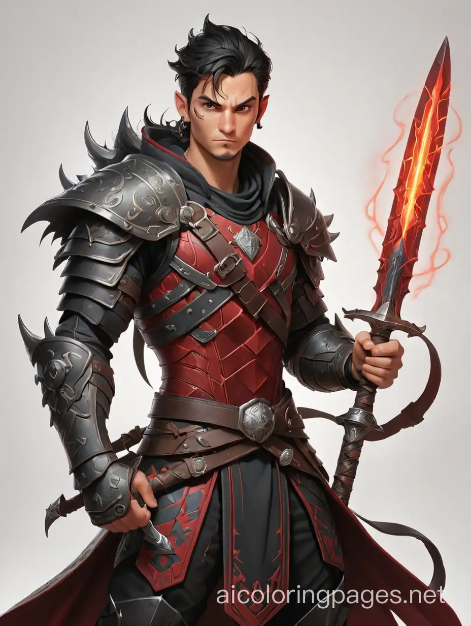 Male human sorcerer fighter with tattoo’s and staff and longsword surrounded by magic. Dnd art style. Red and black colors. Dragon scale armor. Alien shield, Coloring Page, black and white, line art, white background, Simplicity, Ample White Space. The background of the coloring page is plain white to make it easy for young children to color within the lines. The outlines of all the subjects are easy to distinguish, making it simple for kids to color without too much difficulty