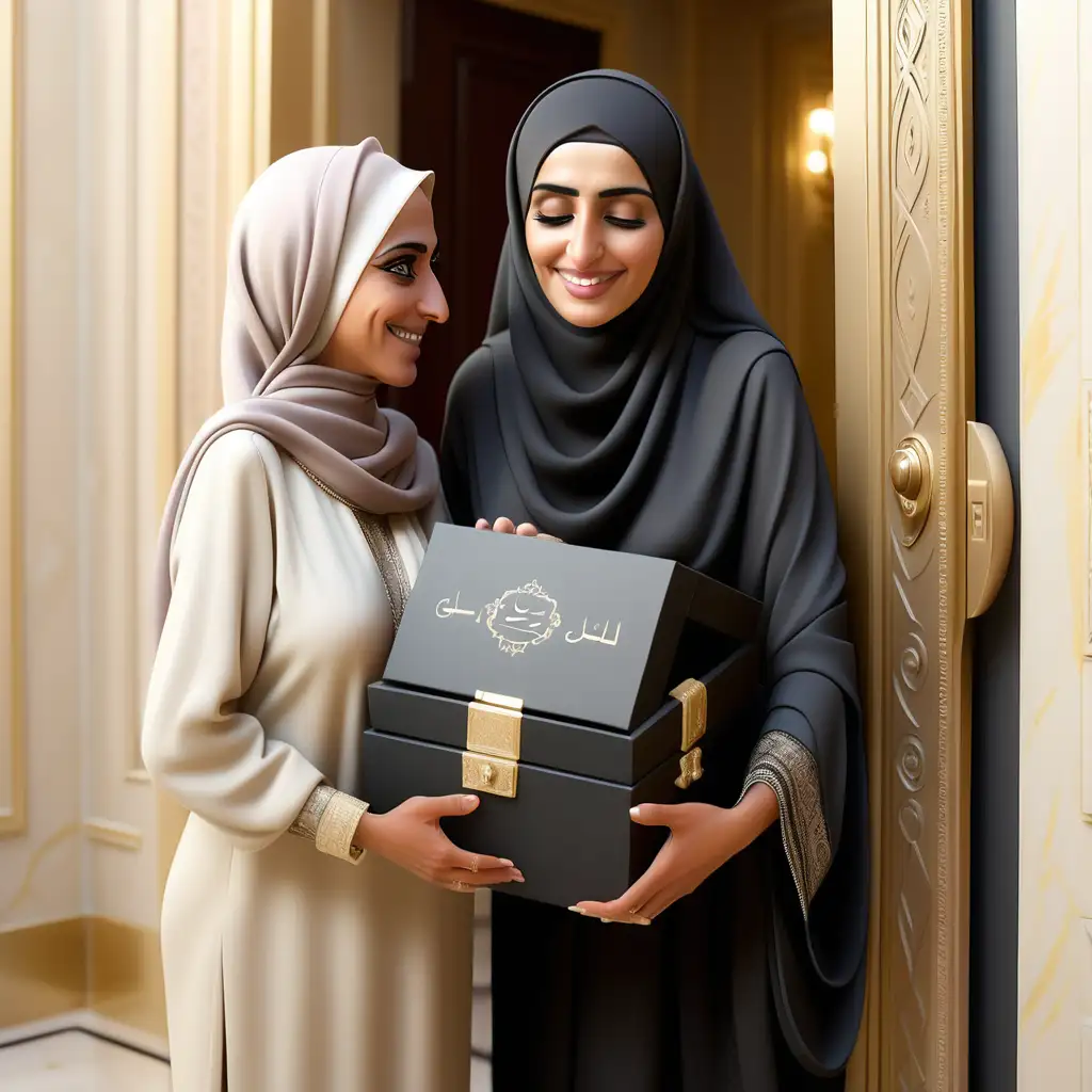 Qatari Woman in Luxury Attire Embracing Mother with Special Gift at Palace Doorstep
