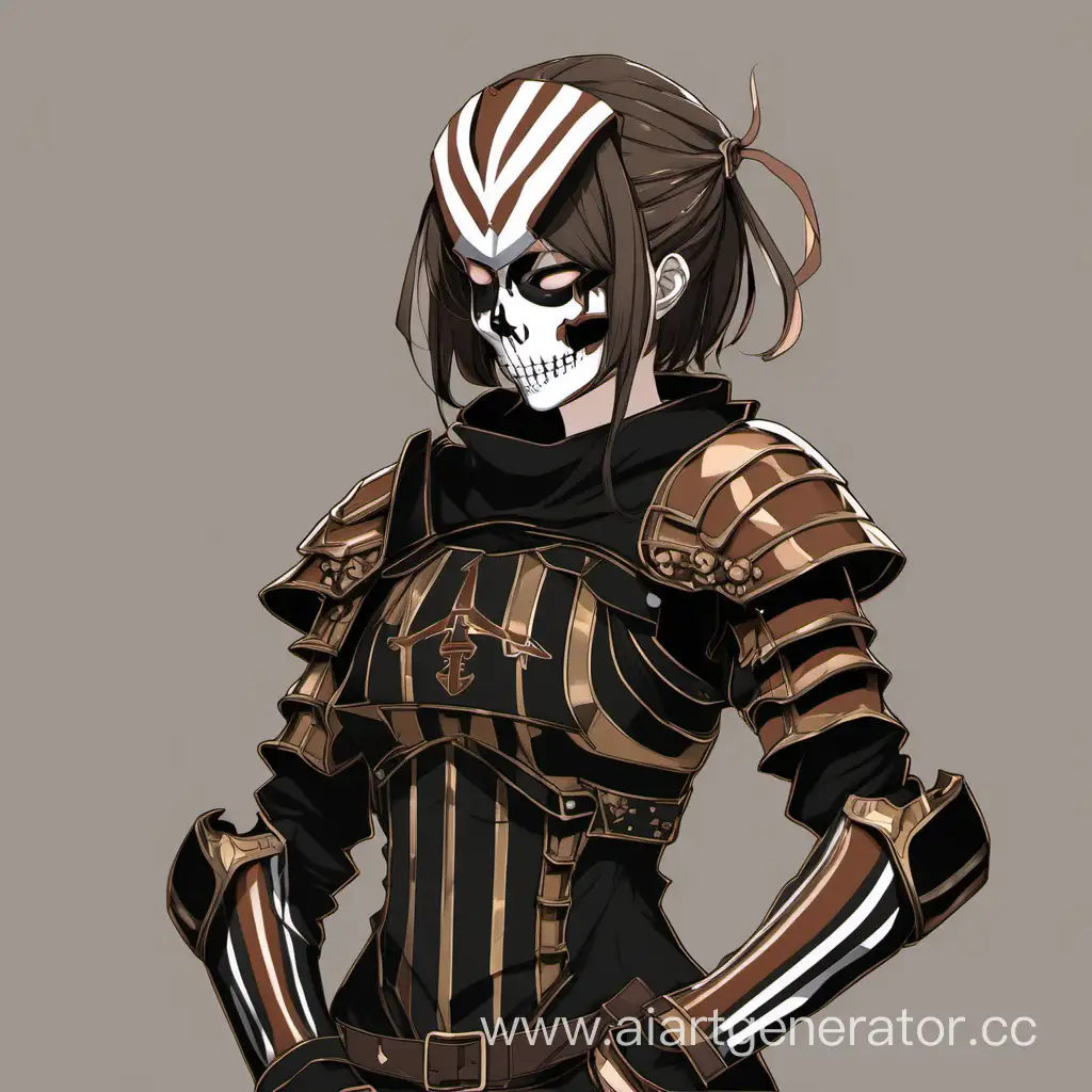 Девушка в доспехах черно коричневого цвета, с маской черепа на голове и тремя полосками по плечам. Аниме стиль