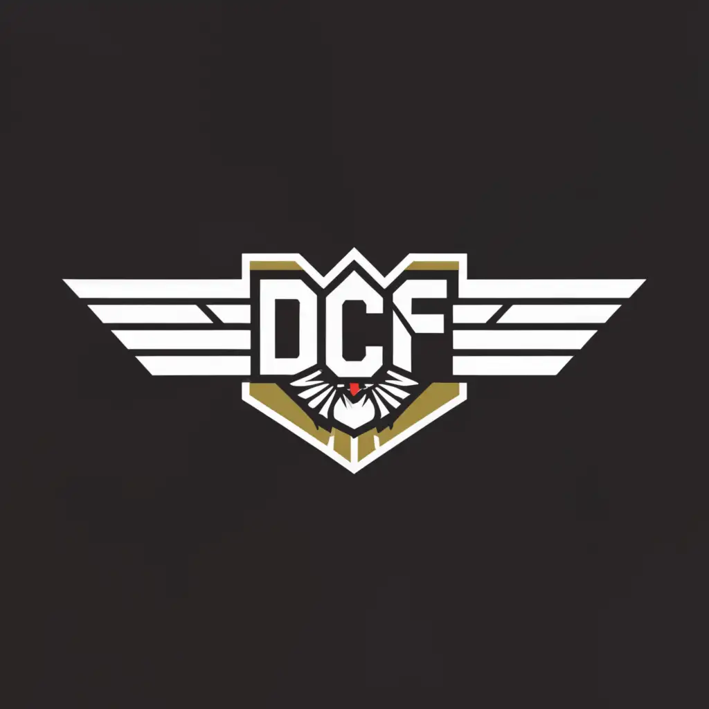 a logo design,with the text "DCF", main symbol:The Logo name at the middle, with the Falcon Wing Logo of Top Gun Movie,Moderate,clear background