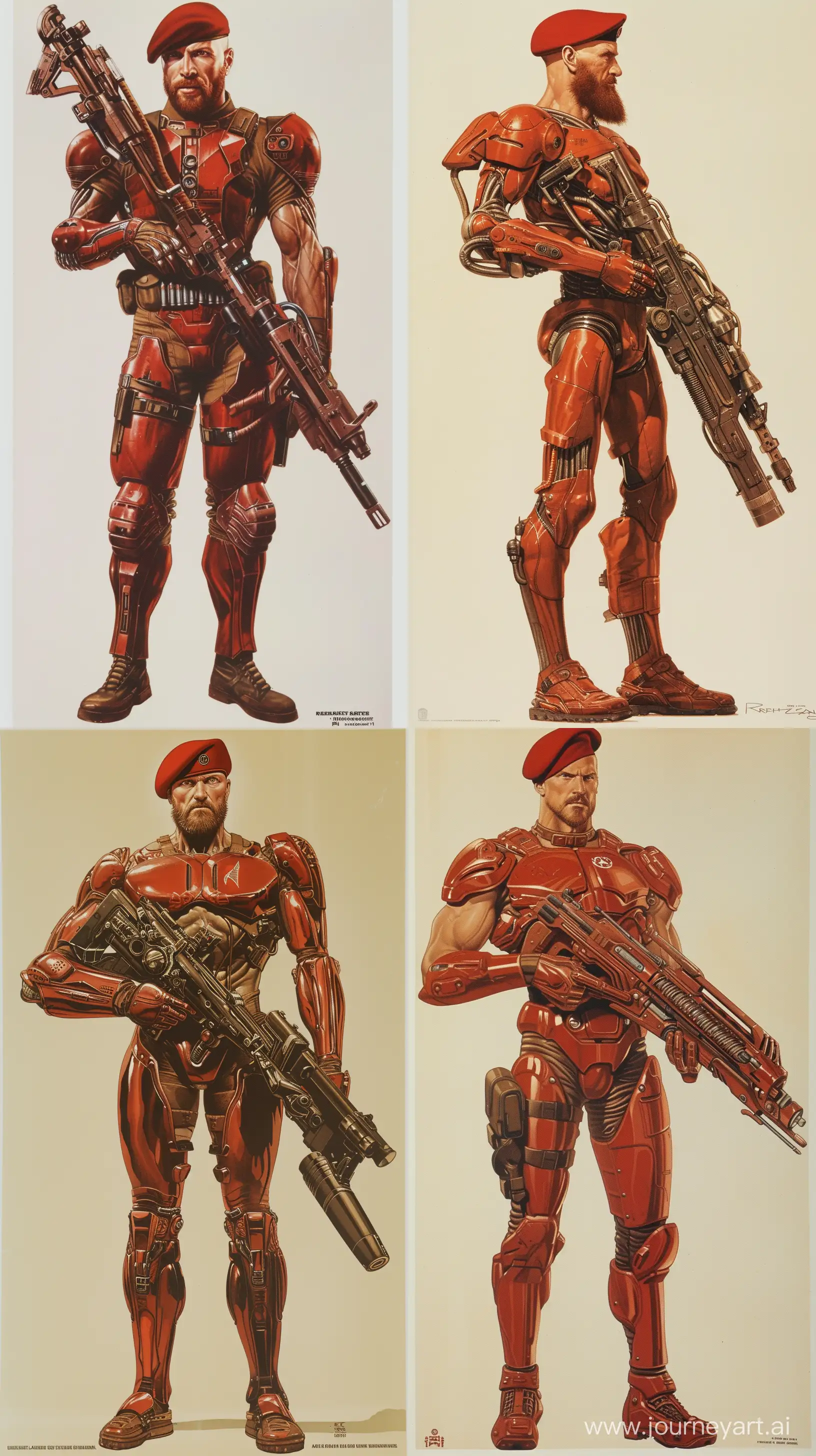 A tall thin bald man(with a brown beard) wearing a red military beret and wearing a suit of red plated armor and holding a futuristic metal rifle painted by Ralph McQuarrie. entire body shown. feet shown. strong features. tall frame. retro science fiction art style. --ar 9:16




